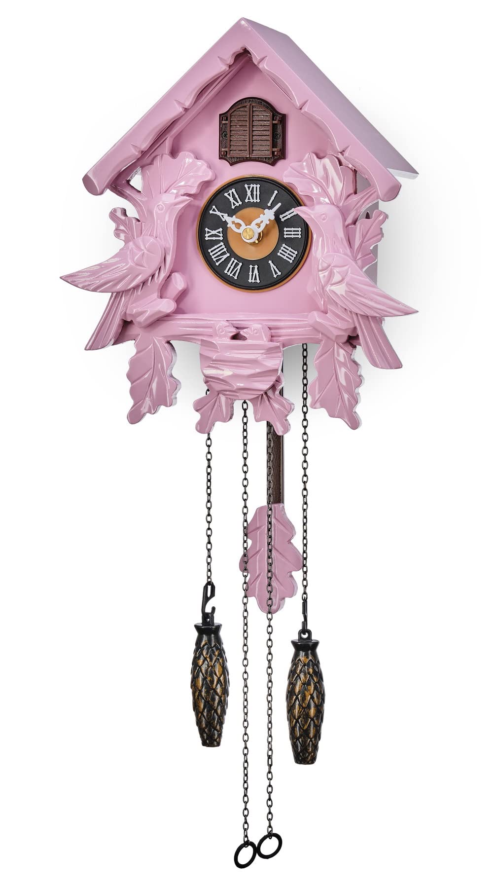 TIMEGEAR Cuckoo Clock with Night Mode, Singing Bird, Wooden Decorations and Swinging Pendulum (Pink)