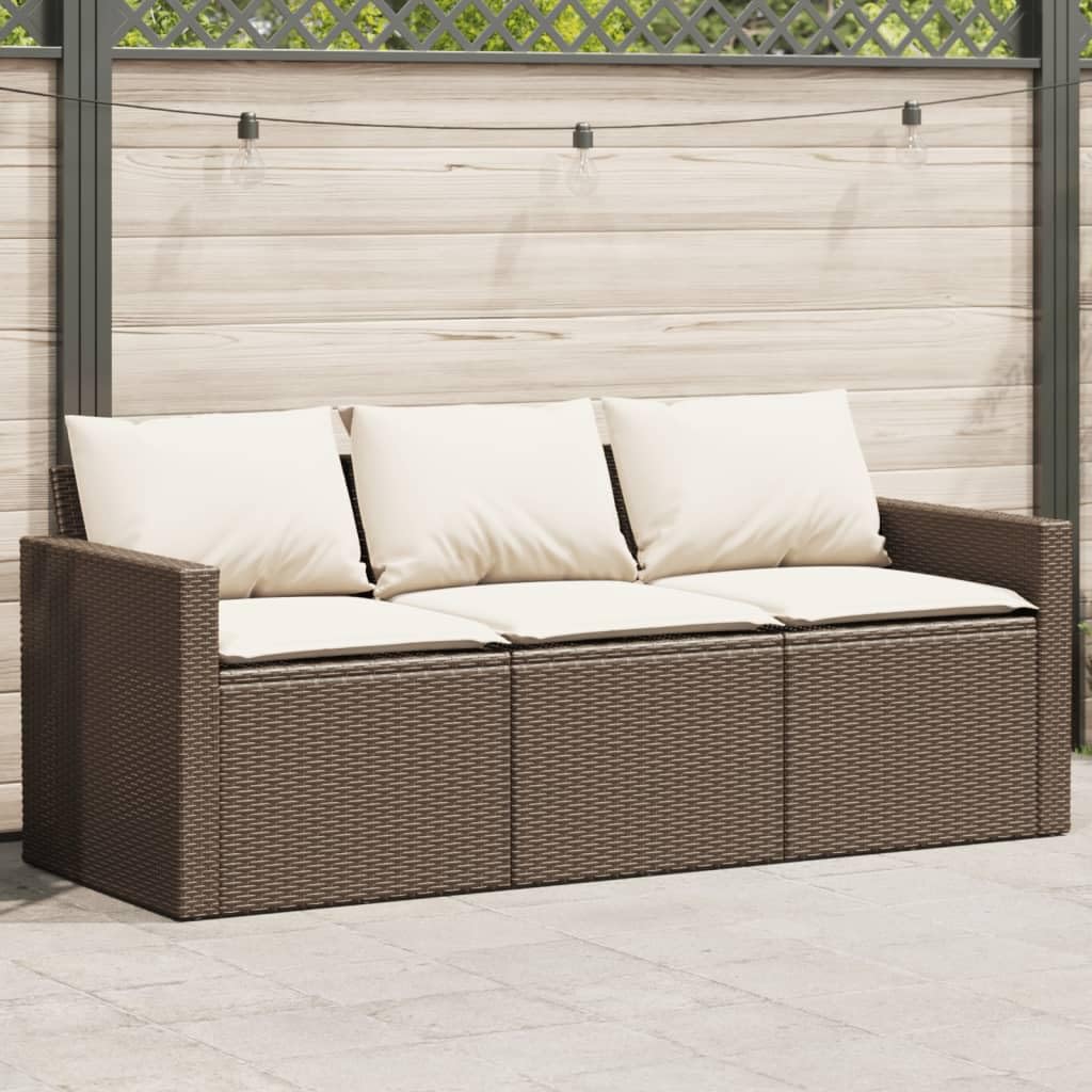 vidaXL Patio Sofa with Cushions - 3-Seater Brown Poly Rattan Outdoor Garden Furniture - 69.7" W x 27.6" D x 26.8" H - Removable and Washable Covers