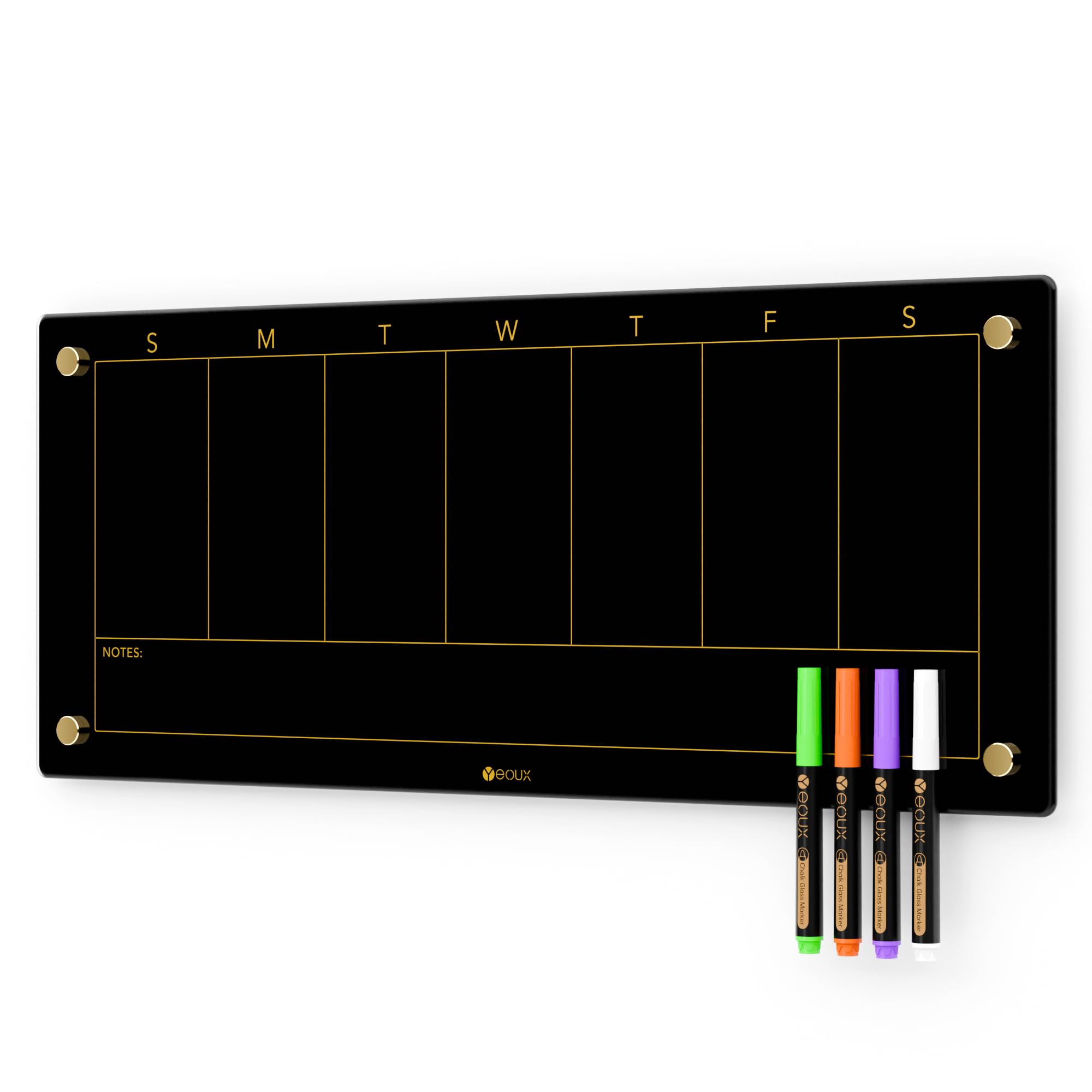 Black Glass Golden Weekly Dry Erase Calendar Whiteboard For Wall, To Do List & 7 Days Planner White Board For Home Office, 23X9.
