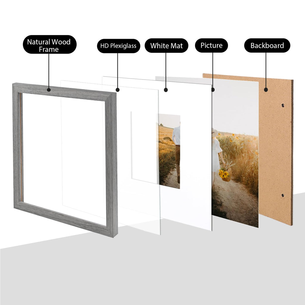 Kinlink Square 10X10 Picture Frames Grey, Solid Wood Frames With Acrylic Plexiglass For Pictures 6X6 With Mat Tabletop And Wall
