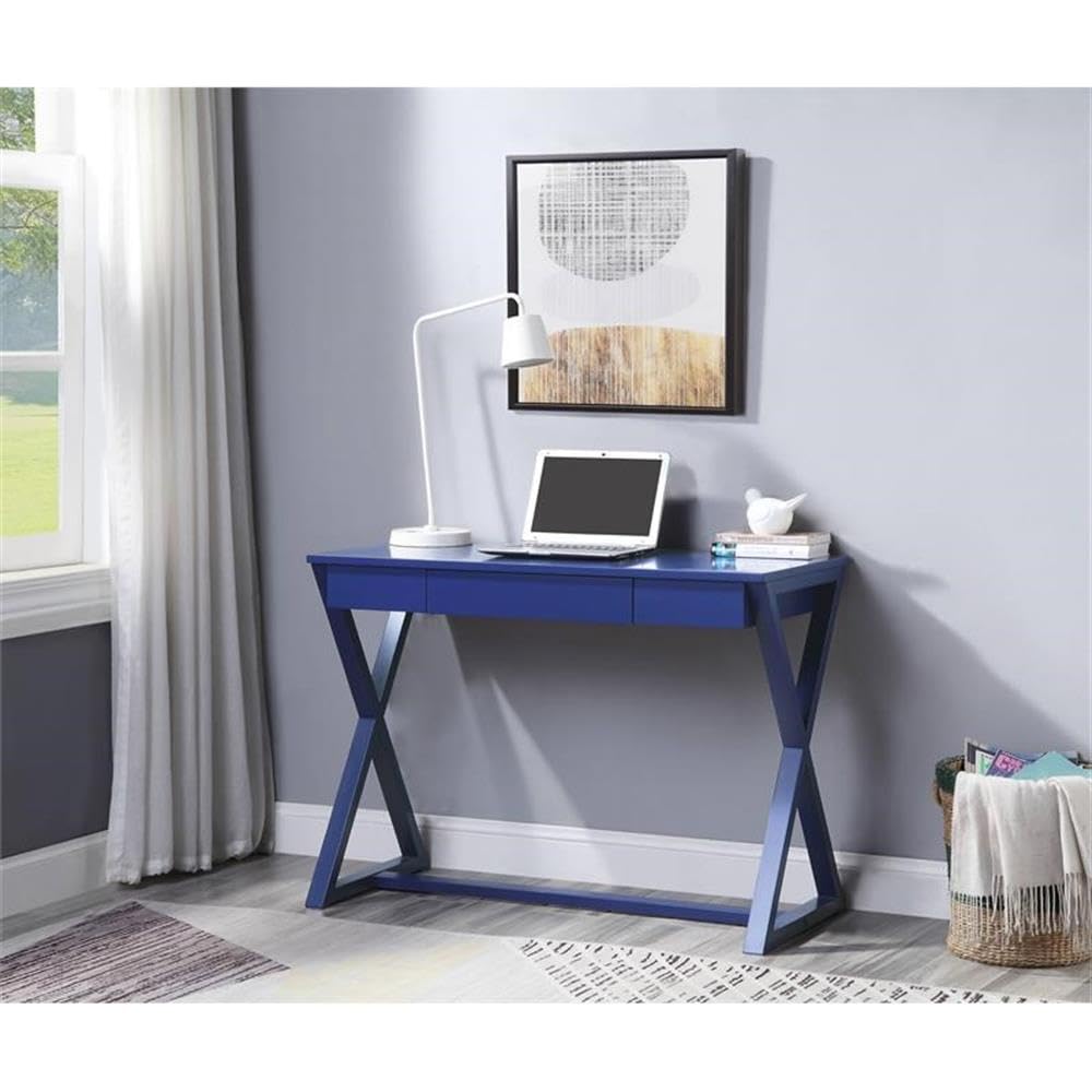 Acme NALO Wooden 1-Drawer Writing Desk with X-Shaped Base in Twilight Blue