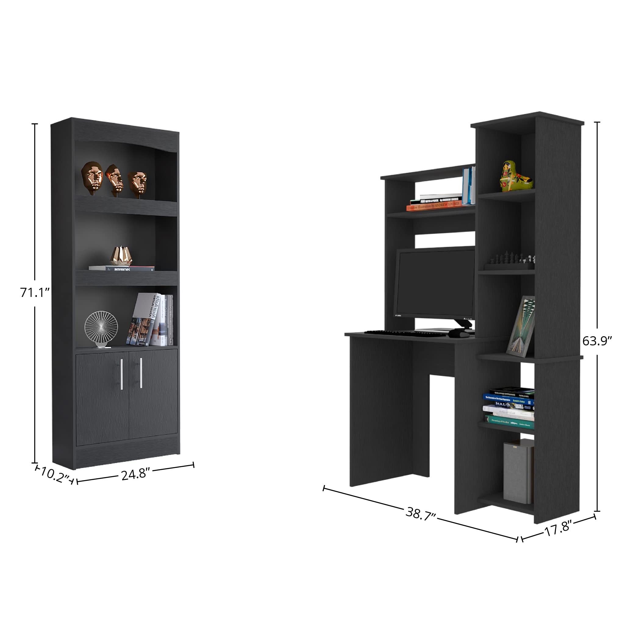 Detroit 2-Piece Office Set with Bookcase and Desk, Black