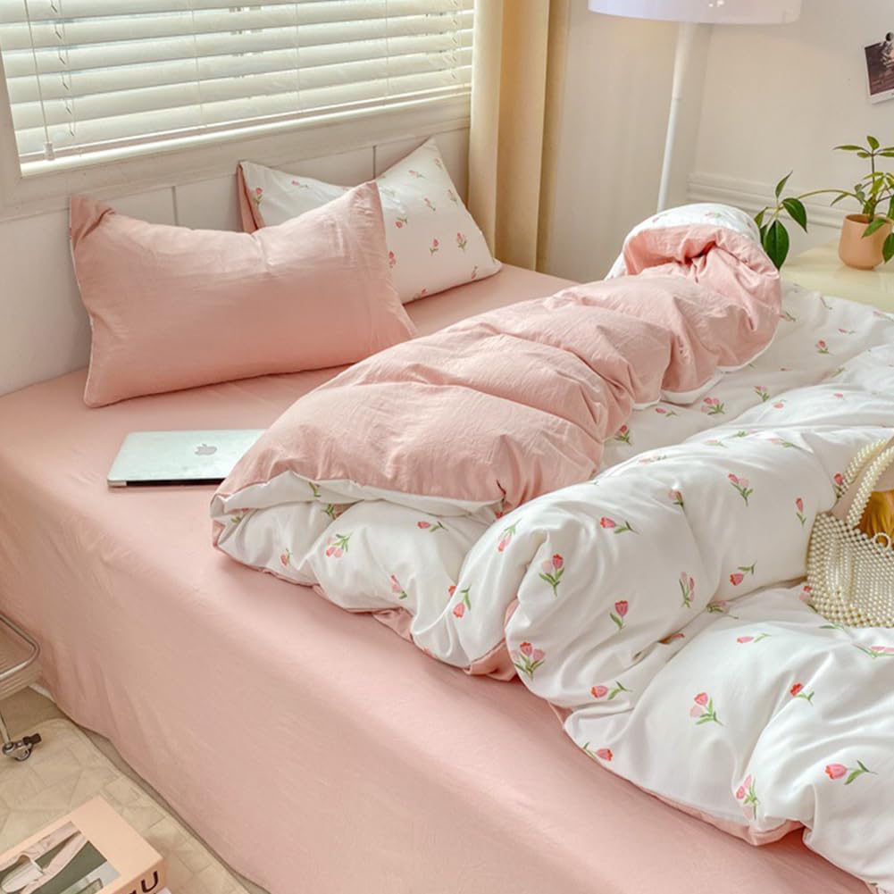 Nayoroom Pink Floral Duvet Cover Queen Size Coquette Tulip Printed On White Reversible Comforter Cover 3Pcs Kids Girls Cottageco
