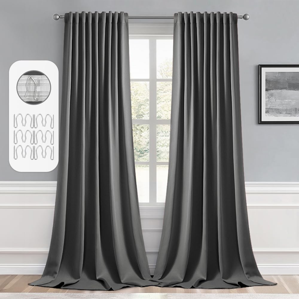 Miulee Back Tab Grey Blackout Curtains 120 Inch Long 2 Panels Set For Living Room Bedroom Privacy, Rod Pocket/Pinch Pleated Extra Long Thermal Insulated Room Darkening Light Blocking Curtains/Drapes