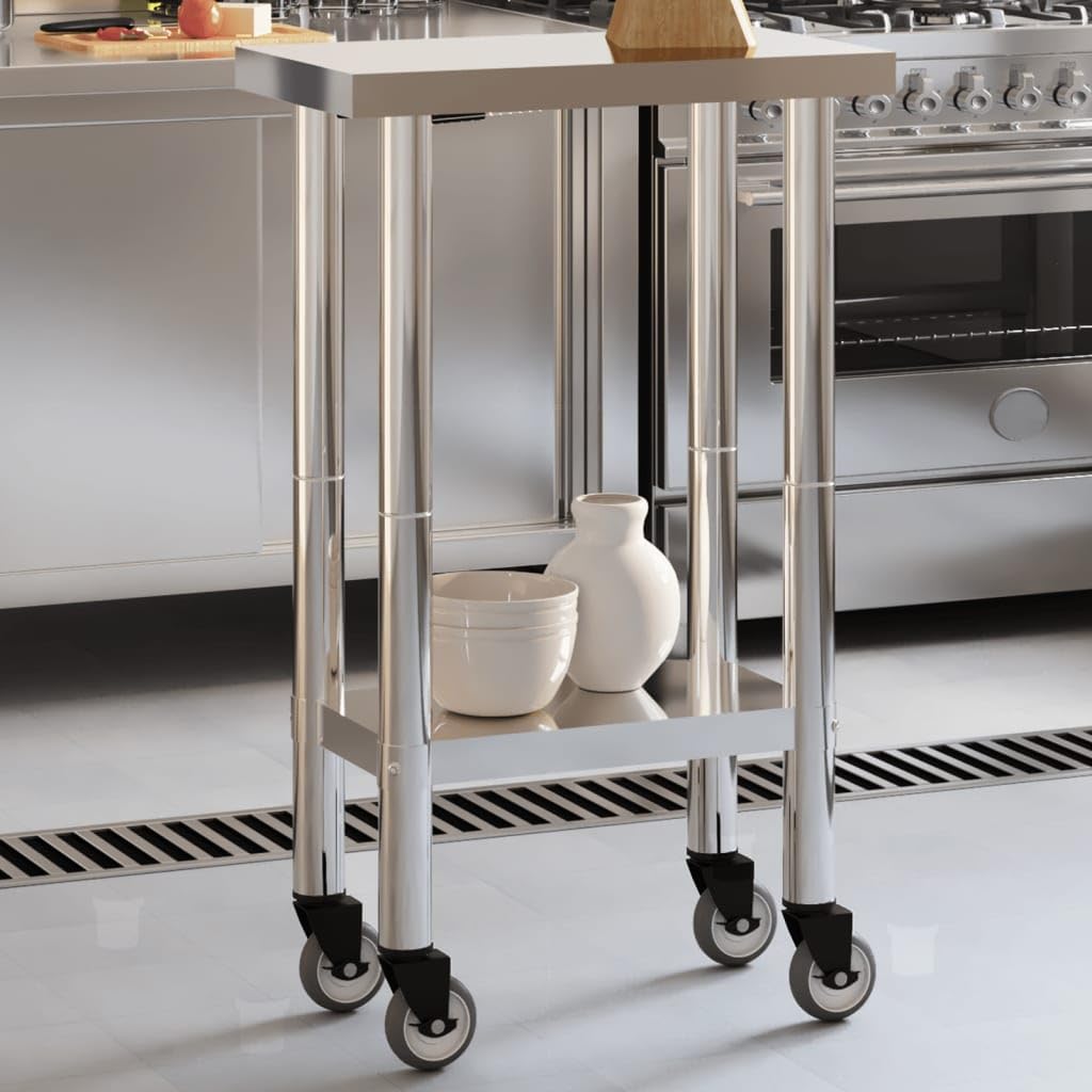 vidaXL Stainless Steel Kitchen Work Table on Wheels - 21.7"x11.8"x33.5" | Mobile Prep Station for Restaurants, Bars, Homes