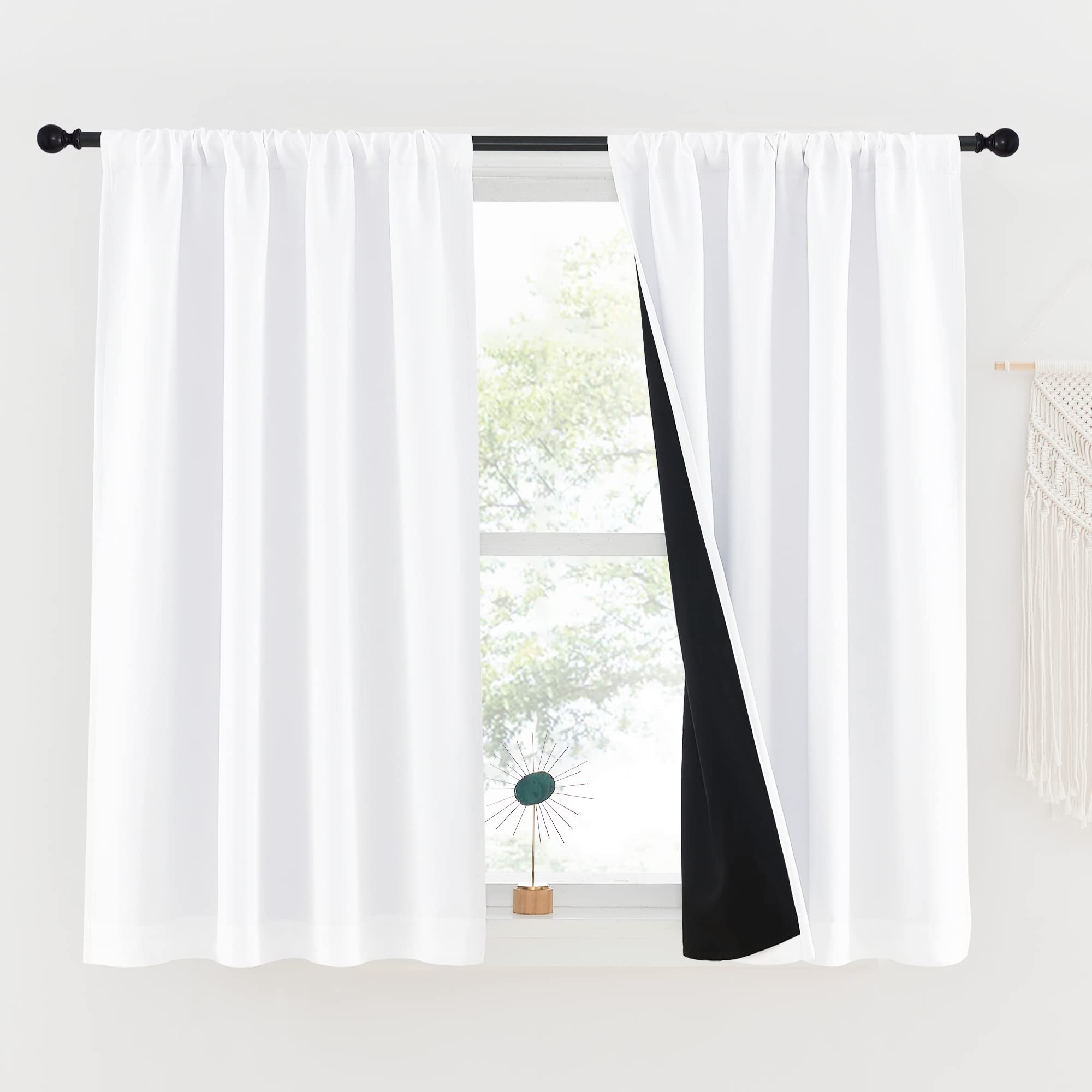 Nicetown White 100% Blackout Small Window Curtains, 2 Thick Layers Completely Blackout Rod Pocket Thermal Insulated Drapes For K
