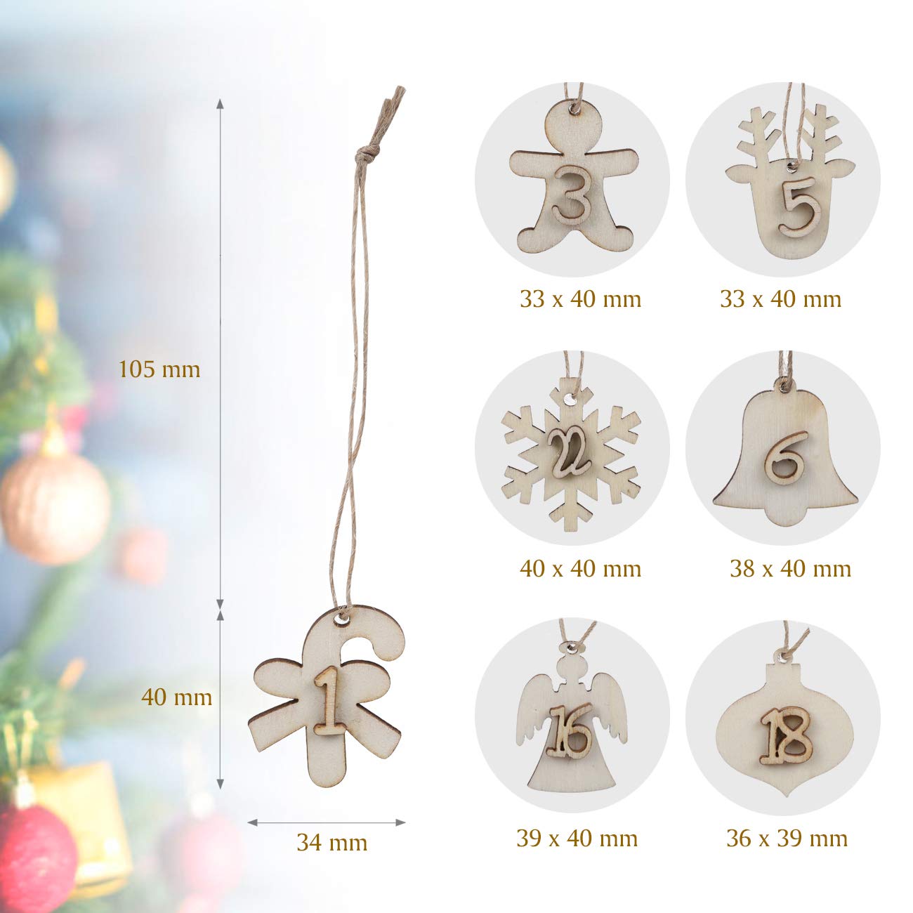 Naler 24 Pcs Advent Calendar 24 Days Christmas Wooden Hanging Numbers Gift Tags Xmas Tree Hanging Ornaments Countdown Advent Cal