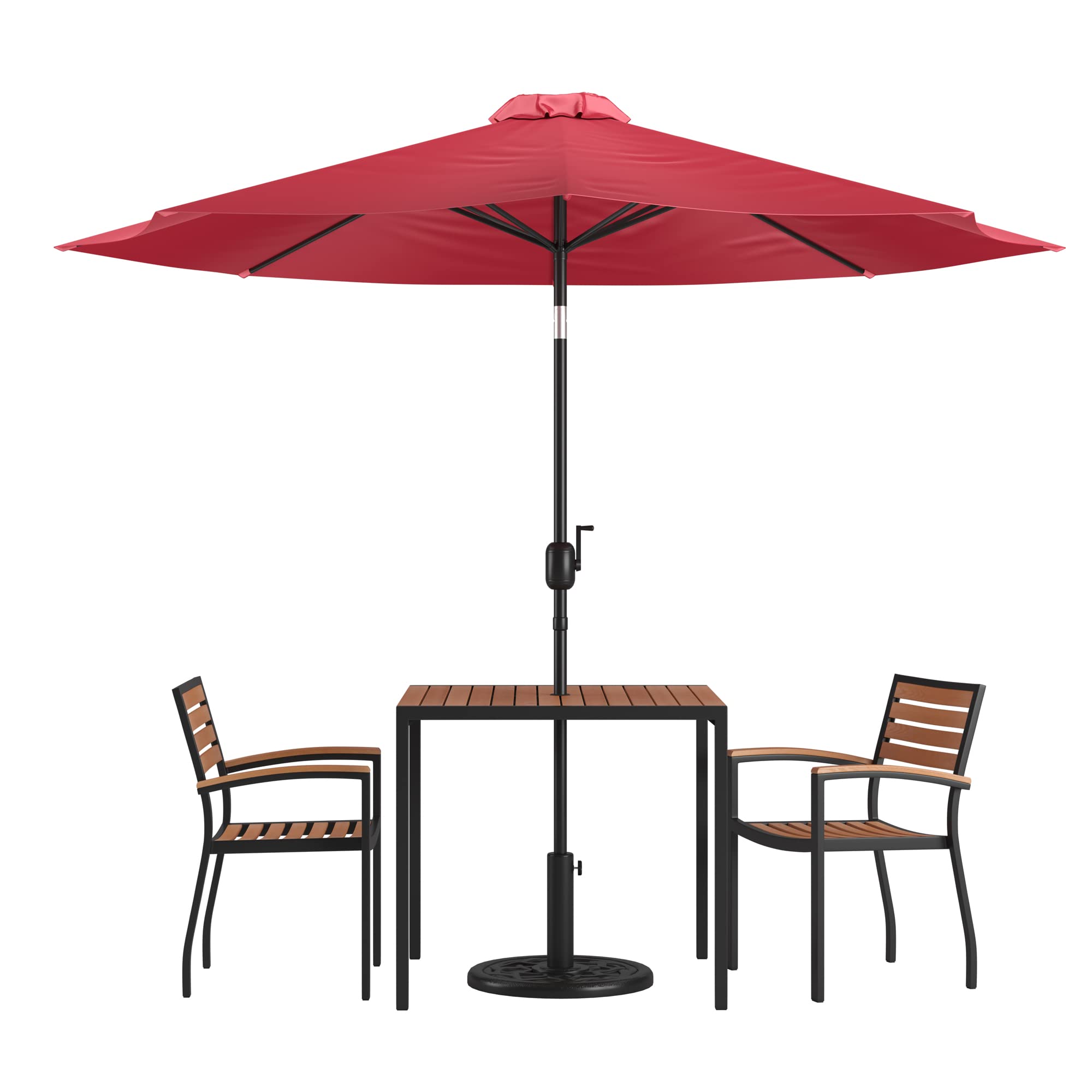 Flash Furniture 5 Piece Outdoor Patio Dining Table Set - 2 Synthetic Teak Stackable Chairs with Arms - 35&quot; Square Table - Red Umbrella with Base