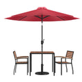 Flash Furniture 5 Piece Outdoor Patio Dining Table Set - 2 Synthetic Teak Stackable Chairs with Arms - 35" Square Table - Red Umbrella with Base
