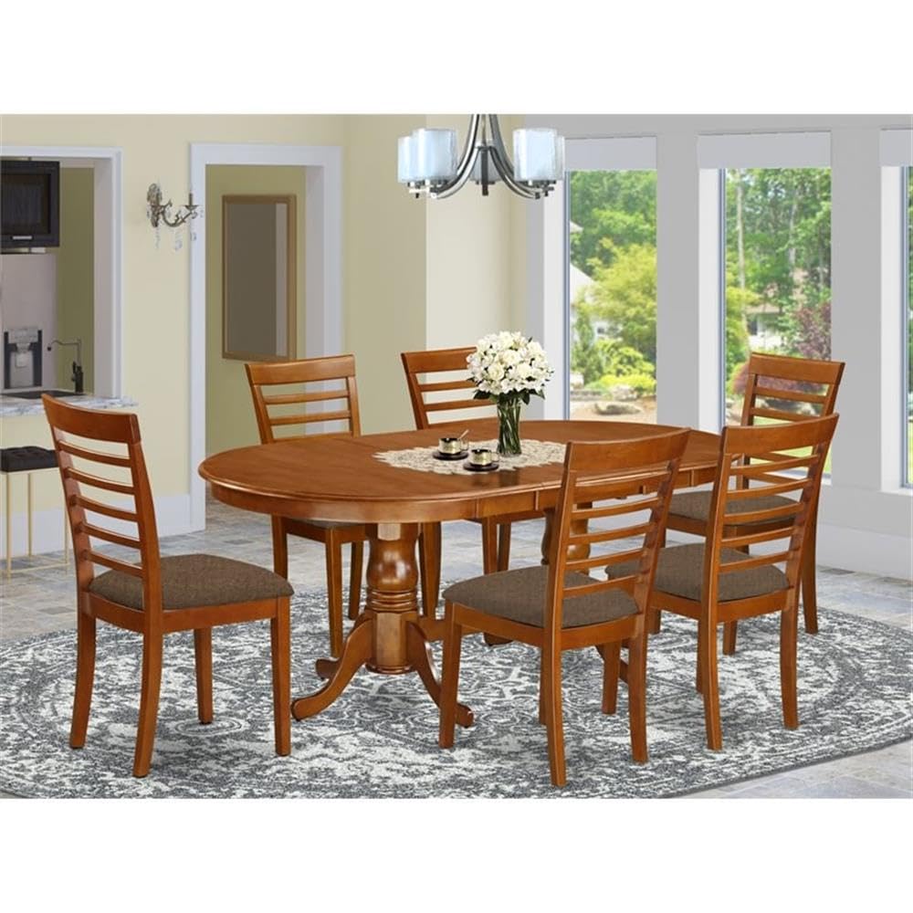 East West Furniture PLML7-SBR-C 7 Piece Modern Dining Table Set Consist of an Oval Wooden Table with Butterfly Leaf and 6 Linen Fabric Kitchen Dining Chairs, 42x78 Inch, Saddle Brown
