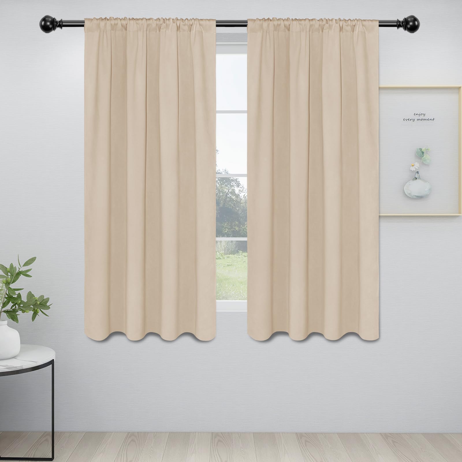 Easy-Going Rod Pocket Blackout Curtains For Bedroom, Room Darkening Window Curtains For Living Room, Thermal Insulated Noise Reduction Solid Window Drapes, 2 Panels(34X63 In, Beige)