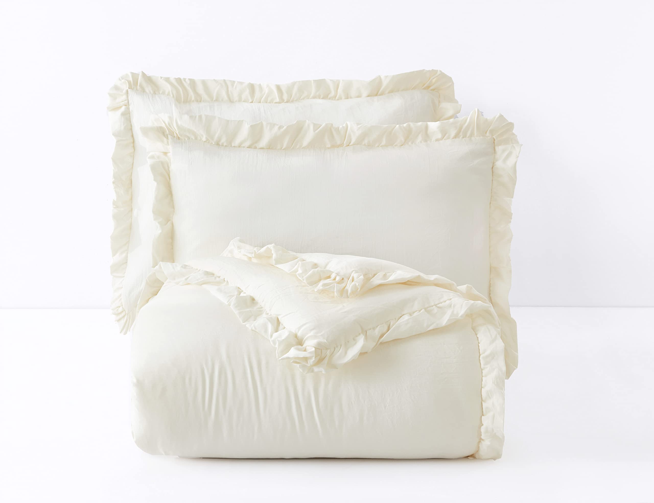 Chezmoi Collection Nora 3-Piece Ruffled Edge Trim Soft Washed Microfiber Comforter Set (King, Ivory)