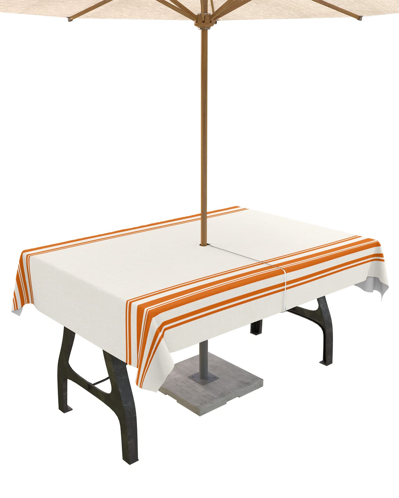 Fall Outdoor Tablecloth With Umbrella Hole, Farmhouse Orange Stripe Rectangle Tables Zippered Table Cloth Waterproof Tabletop Ta