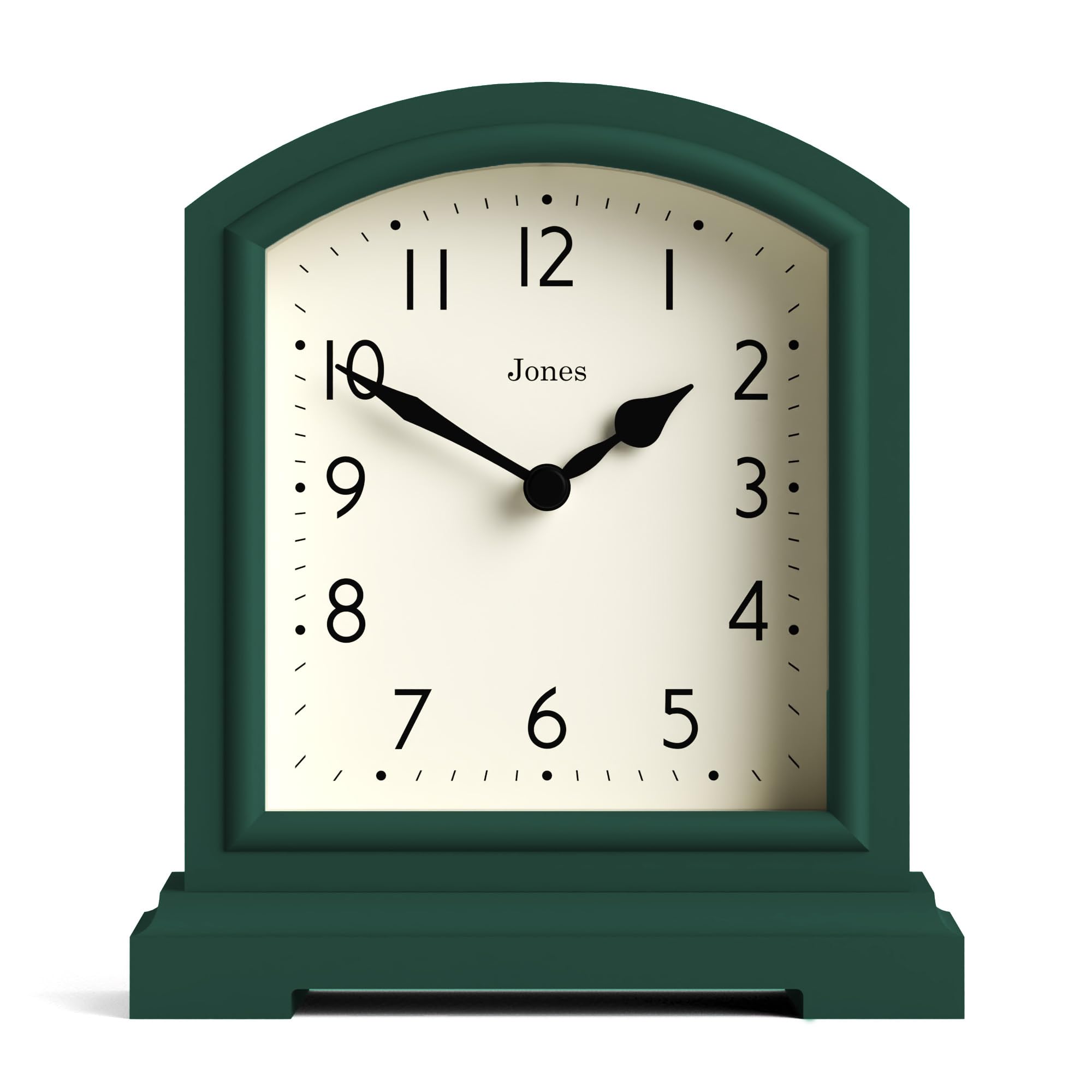 JONES CLOCKS Tavern Mantel Clock | Modern Arch top Design | Dark Green | Contemporary Classic Style for Desk, Table, Shelf or Be