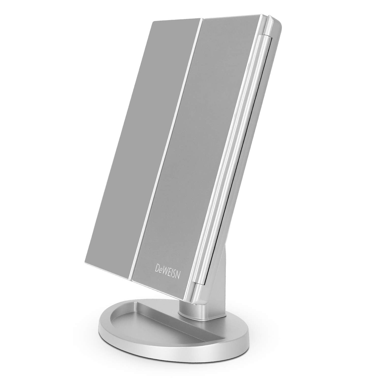deweisn Tri-Fold Lighted Vanity Tabletop Mount Mirror with 21 LED Lights, Touch Screen and 3X/2X/1X Magnification, Two Power Sup