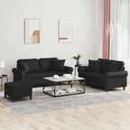 vidaXL Black Faux Leather 3-Piece Sofa Set with Pillows and Footstool - Modern Comfortable Seating for Living Room or Lounge Area