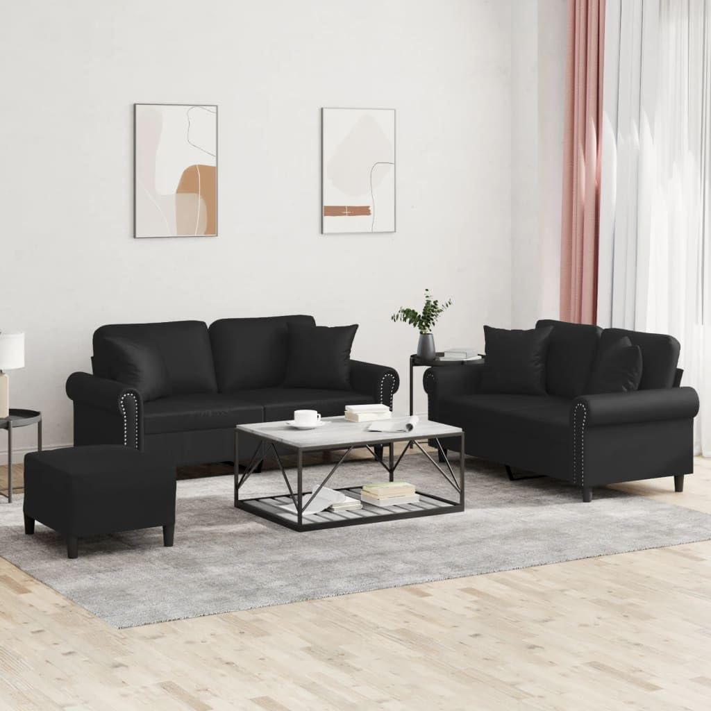 vidaXL Black Faux Leather 3-Piece Sofa Set with Pillows and Footstool - Modern Comfortable Seating for Living Room or Lounge Area