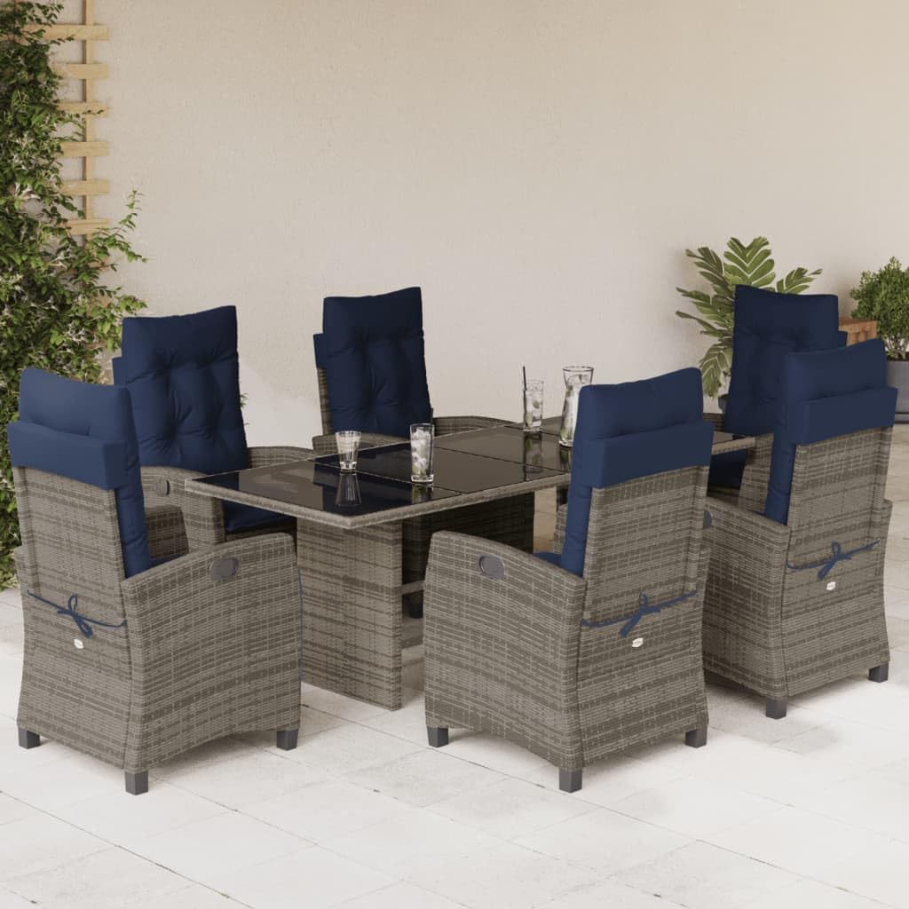 vidaXL 7-Piece Gray Poly Rattan Patio Dining Set with Adjustable Reclining Chairs, Navy Blue Cushions, Tempered Glass Tabletop
