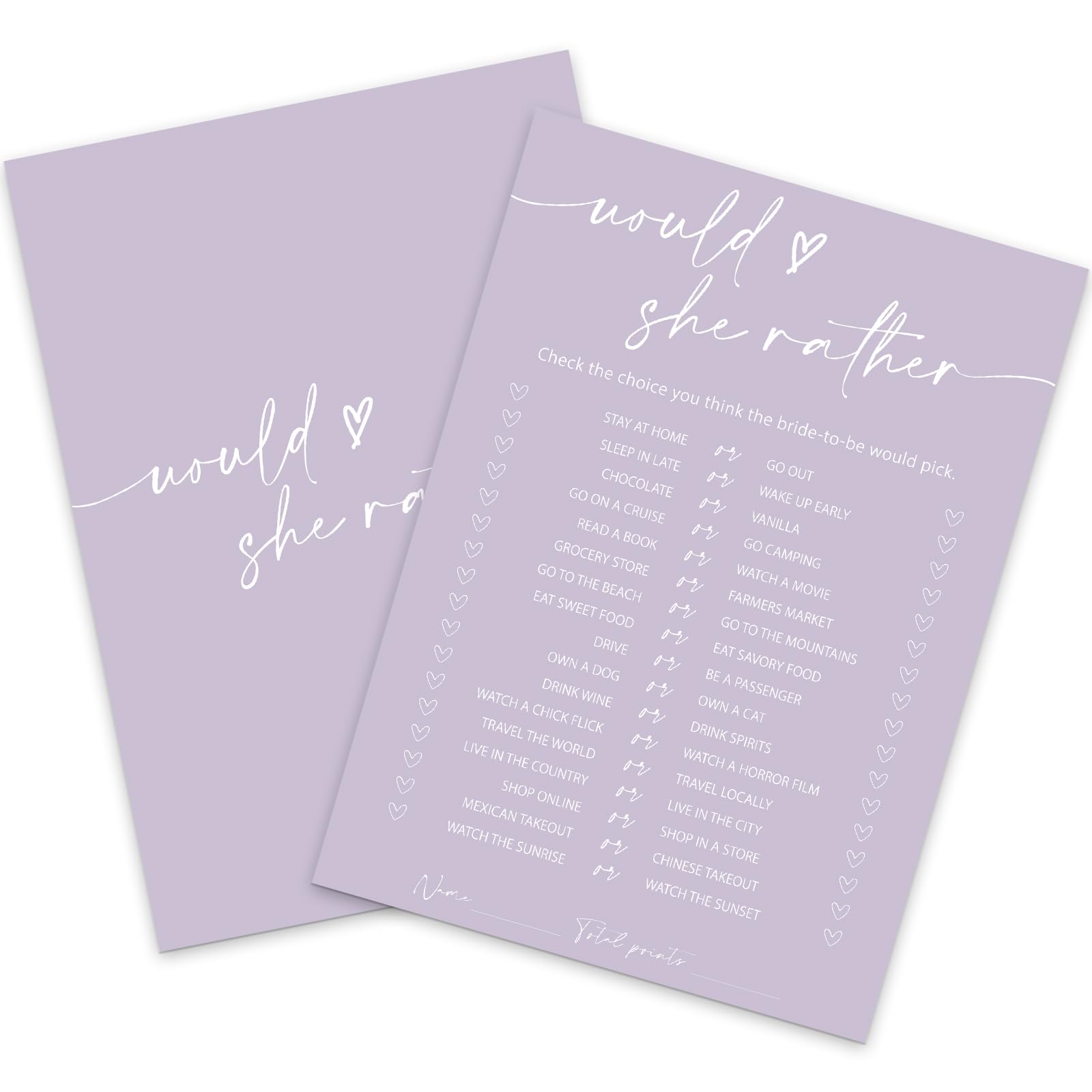 Whaline 50 Sheets Purple Bridal Shower Game Cards Double Sided Party Game Activity Cards For Would She Rather Wedding Bridal Sho