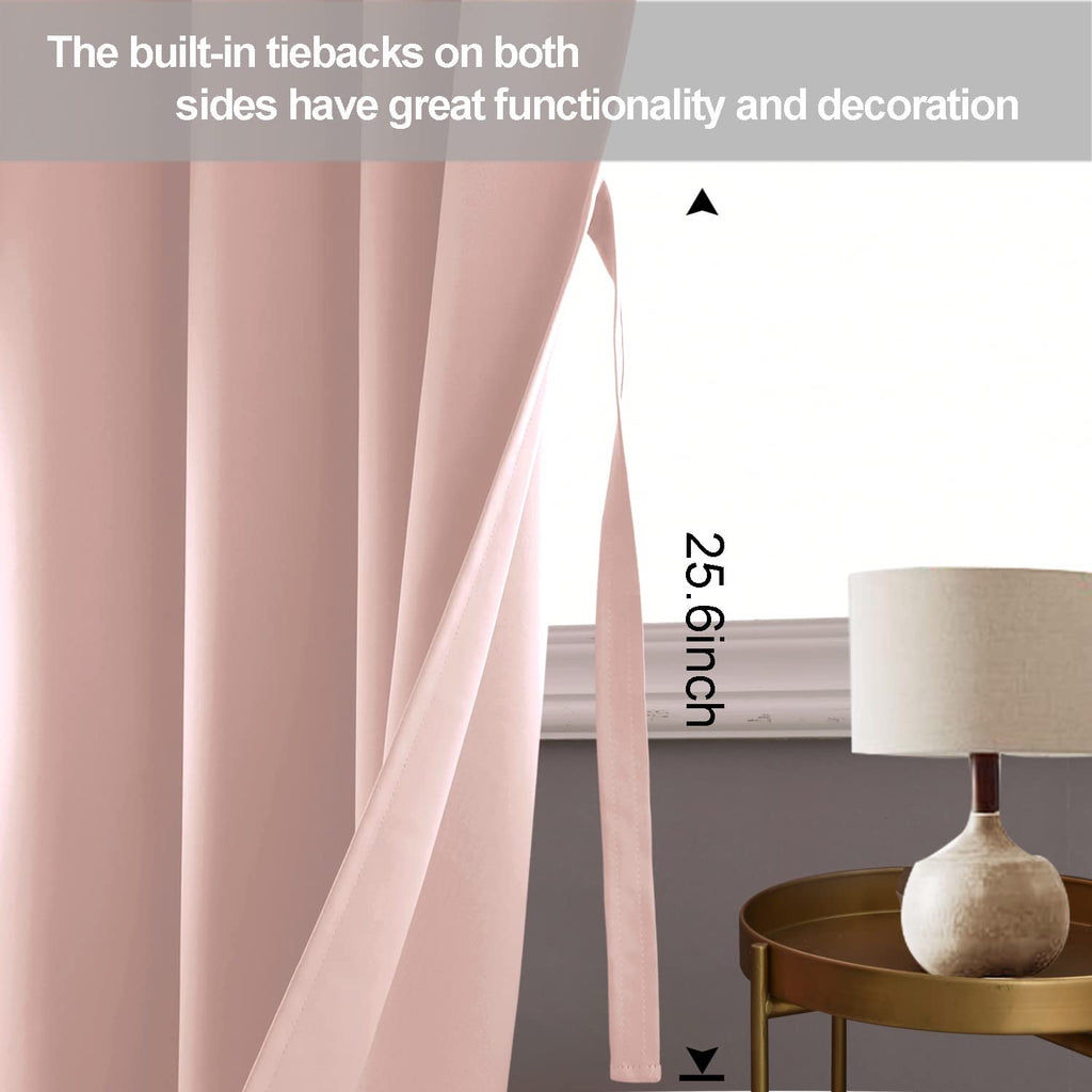 Jiuzhen Blush Pink Blackout Curtains With Tiebacks Thermal Insulated, Light Blocking And Noise Reducing Grommet Curtains For Bedroom And Living Room, Set Of 2 Window Curtain Panel, 70 X 72 Inch Length