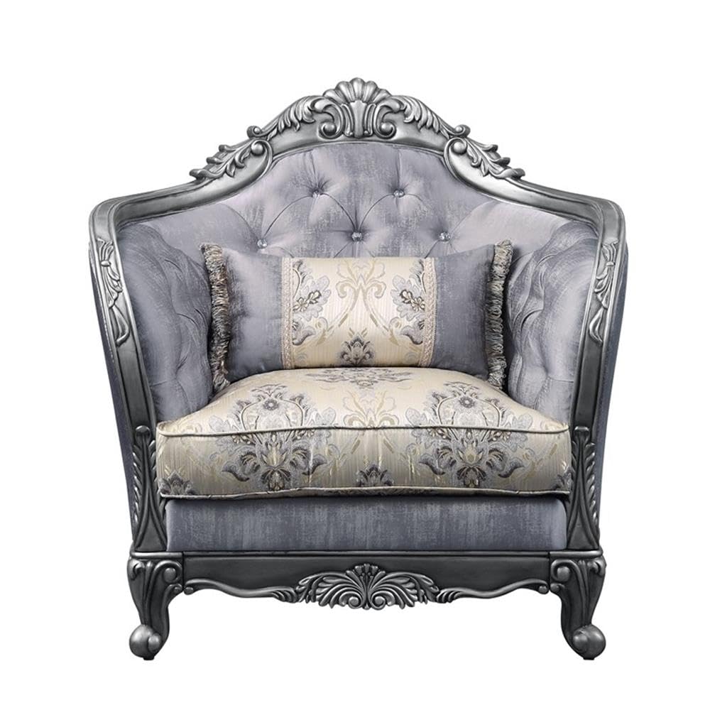 Acme Ariadne Fabric Button Tufted Chair with 1 Pillow in Platinum Gray