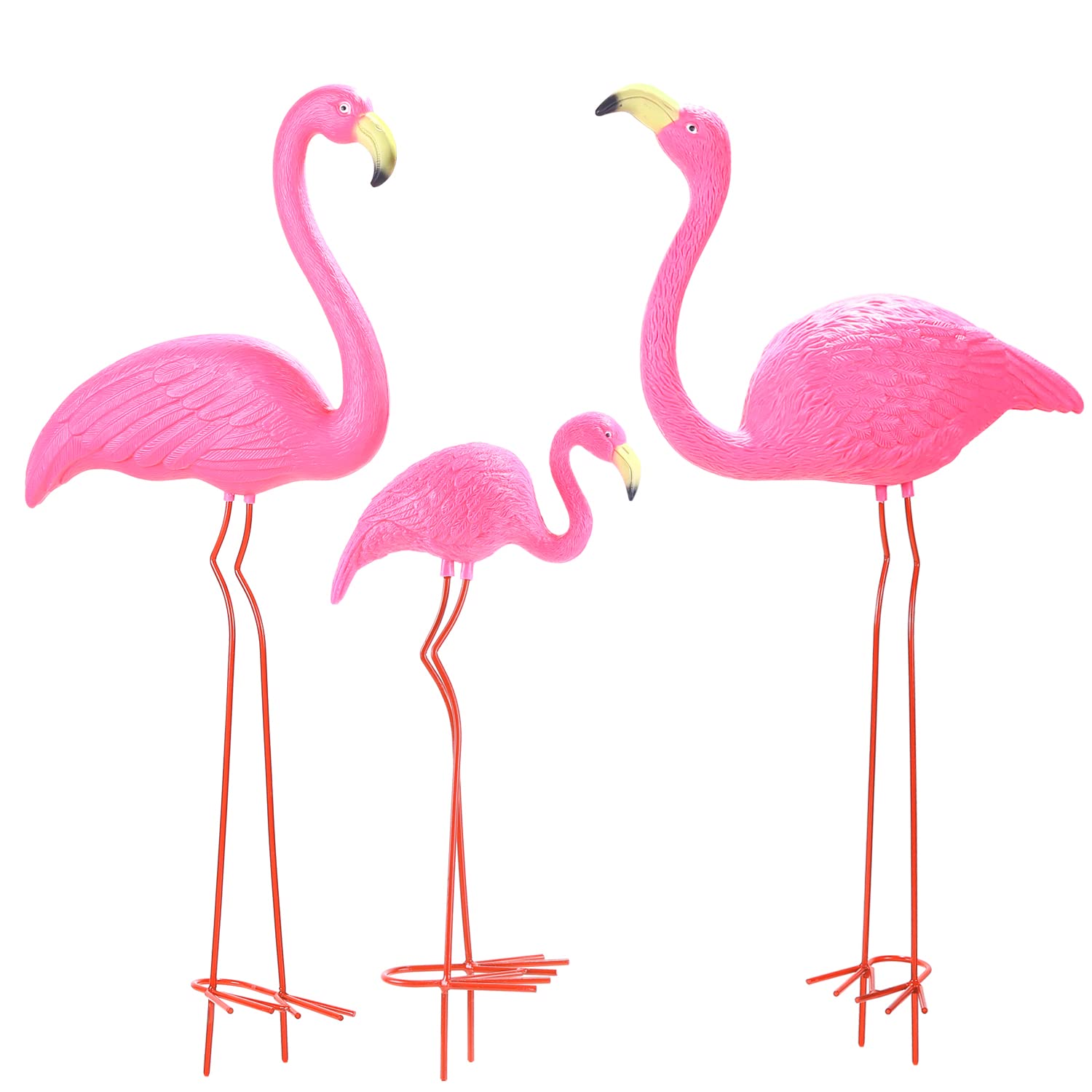 Ohuhu Family Flamingo Yard Ornaments, Set Of 3 (32', 31', 19') Bright Pink Flamingos Ornaments With Metal Feet Stakes For Gar