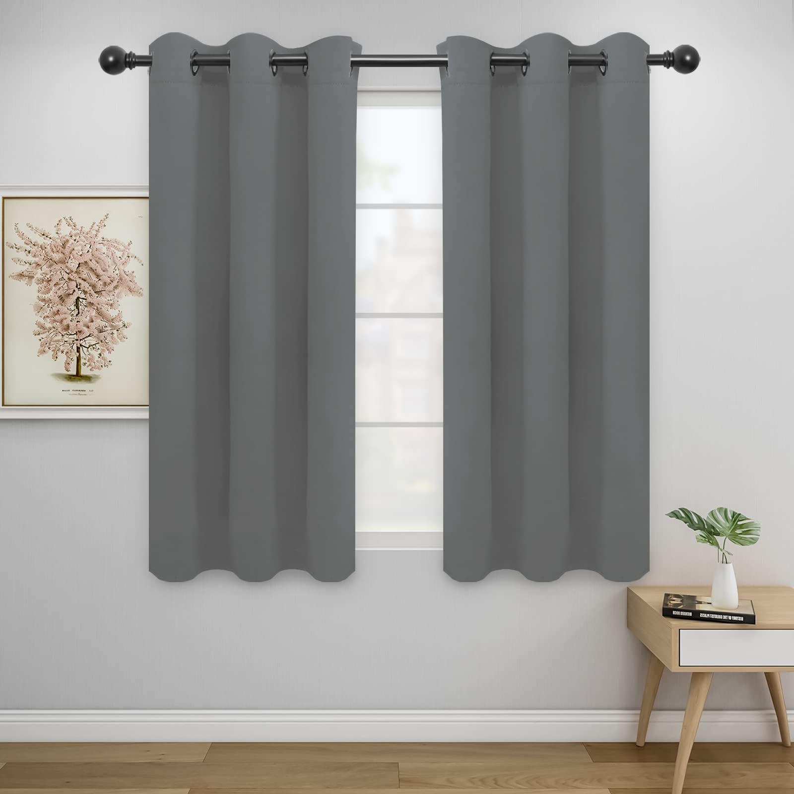 Easy-Going Blackout Curtains For Bedroom, 2 Panels Solid Thermal Insulated Grommet And Noise Reduction Window Drapes, Room Darkening Curtains For Living Room (42X63 In, Gray)
