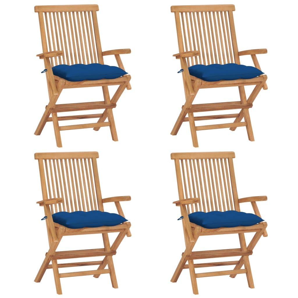 vidaXL 4X Solid Teak Wood Patio Chairs Garden Terrance Outdoor Furniture Wooden Folding Dinner Dining Seating Chairs with Blue Cushions