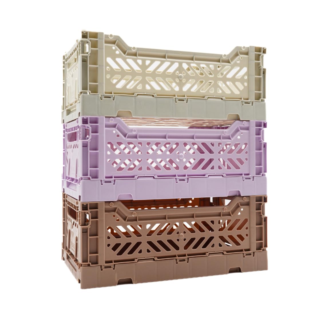 Collapsible Storage Box, Foldable Crate Organizer Bin With Handle, Stackable Crates For Home Organization (Coffee-Lightgray-Lila