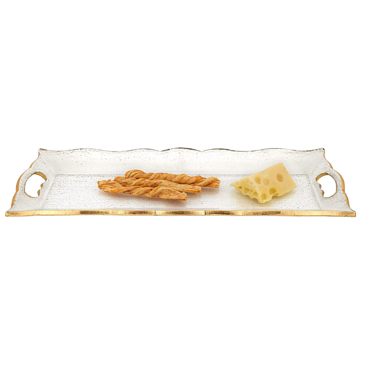 HomeRoots Glass 7 x 20 Hand Decorated Scalloped Edge Gold Leaf Tray with Cut Out Handles