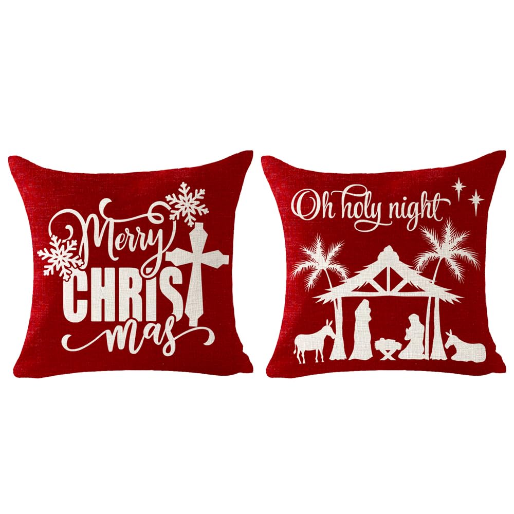 Niditw Set Of 2 Snowflake Jesus Oh Holy Night Cotton Linen Decorative Square Throw Pillow Cover Cushion Case For Sofa Couch 18X1