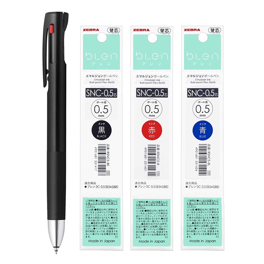 Zebra Blen 3C Multi Ballpoint Pen, Fine Point 0.5Mm, Body Body & 3 Colors Refill Set(Black, Red, Blue) & Monoc Sticky Note(Japan