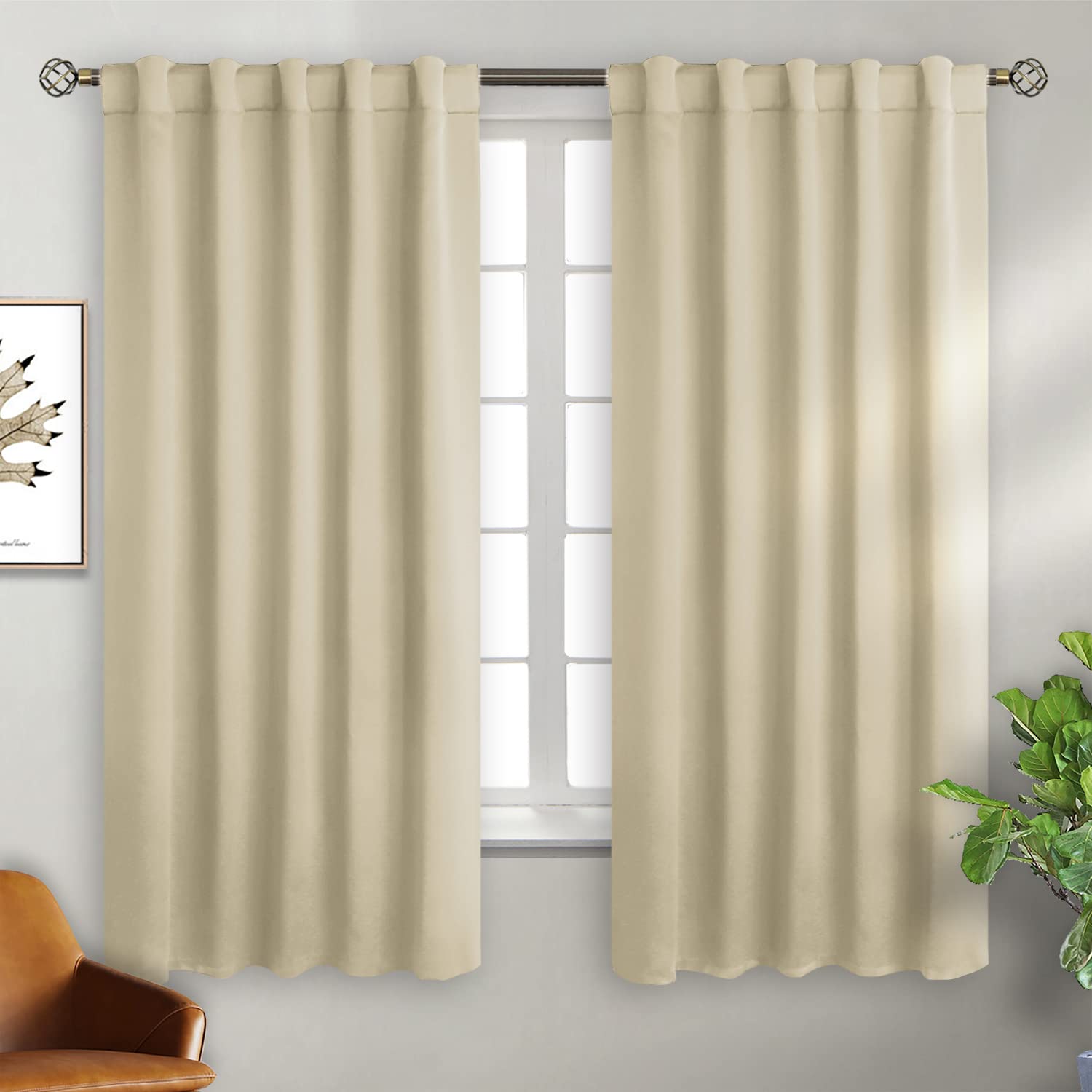Bgment Beige Room Darkening Curtains 63 Inch Length - Rod Pocket And Back Tab Thermal Insulated Curtains For Bedroom/Living Room
