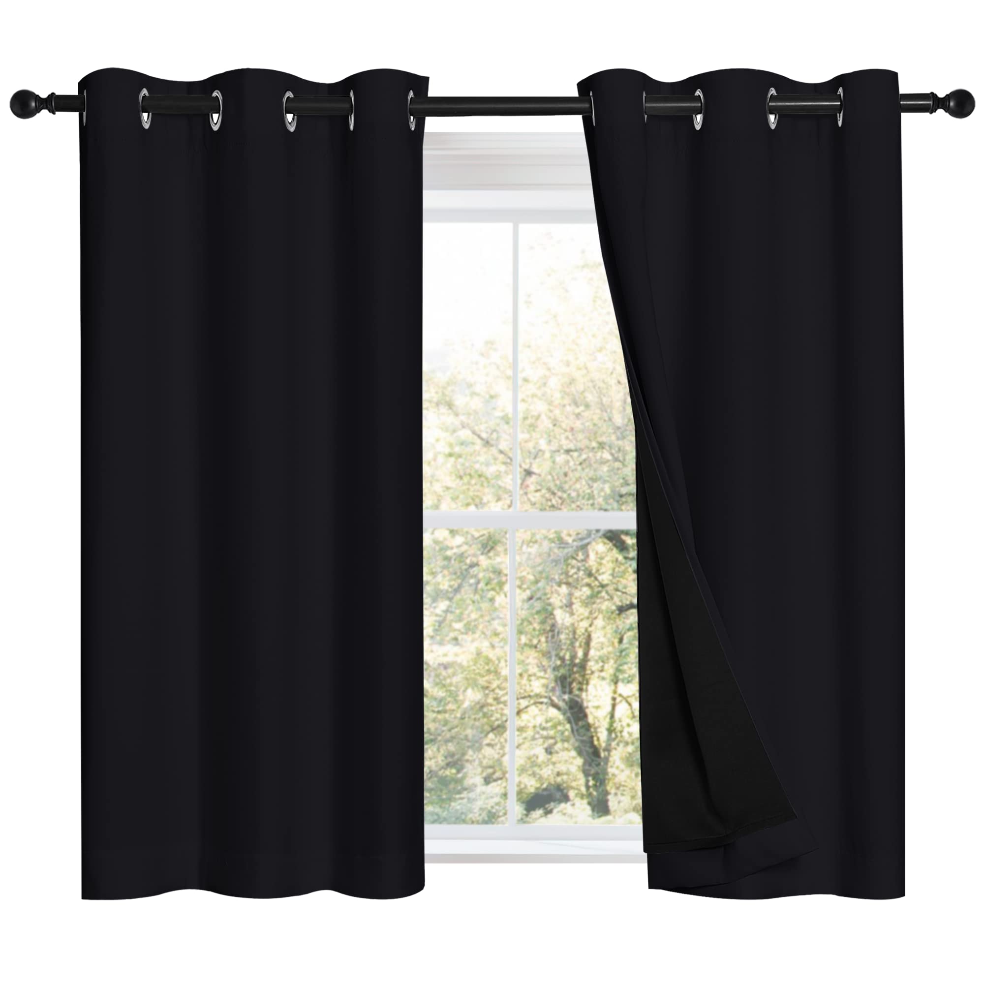NICETOWN Black 100% Blackout Curtains 45 inches Length, 2 Thick Layers Completely Blackout Window Treatment Thermal Insulated Li