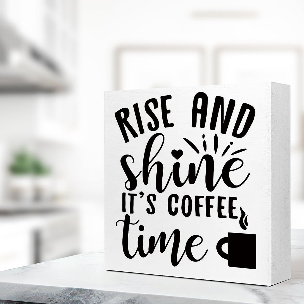 Rustic Rise And Shine It' Coffee Time Kitchen Sign Decor,Funny Kitchen Wood Block Signs,Farmhouse Kitchen Wooden Box Sin Decor F