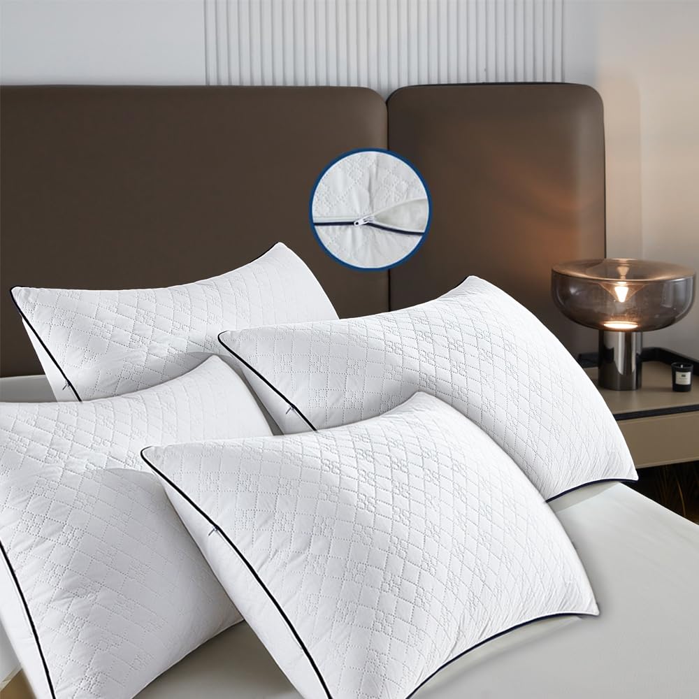 Jswf Bed Pillows For Sleeping Queen Size 4 Pack ,Ultra Soft Fluffy With Zipper,Premium Soft Down Alternative Fill Set Of 4 For B