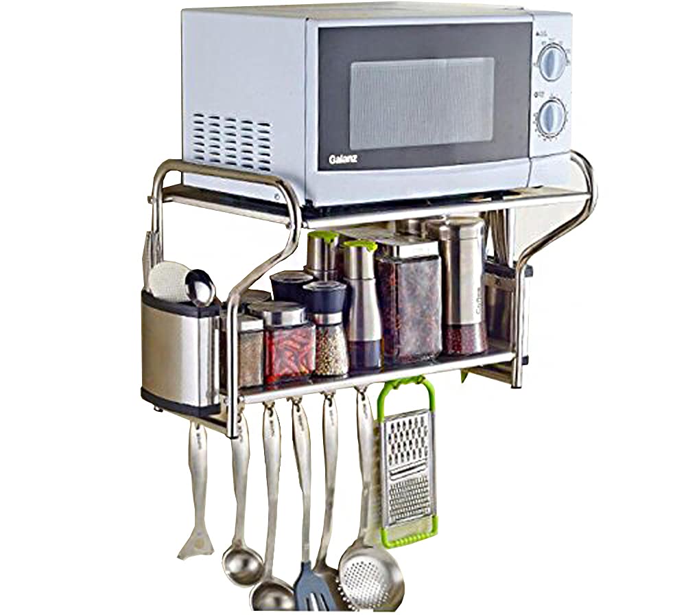 INTBUYING 2 Layer Microwave Oven Wall Mount Shelf Stainless Steel Kitchen Storage Organization with Removable Hooks