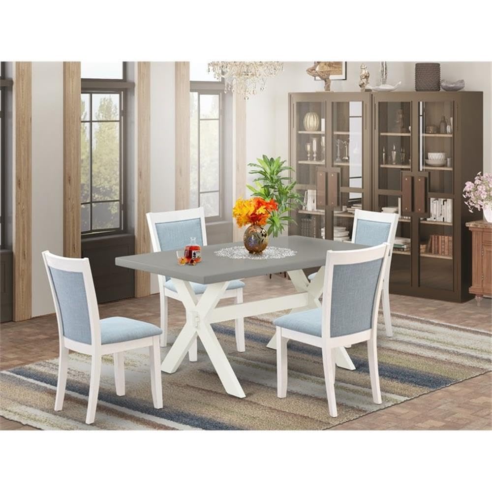 East West Furniture X096MZ015-5 5 Piece Dining Set Includes a Rectangle Dining Room Table with X-Legs and 4 Baby Blue Linen Fabric Upholstered Parson Chairs, 36x60 Inch, Multi-Color
