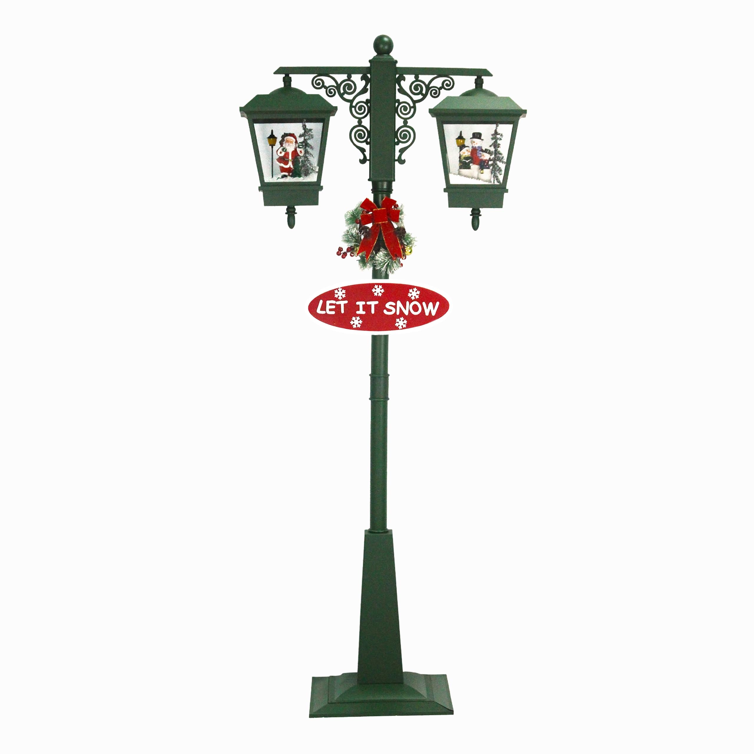 Fraser Hill Farm 74-In. Double Lantern Street Lamp Christmas Decoration With Santa And Snowman Family, Holiday Light With Cascading Snow And Christmas Carols, Festive Holiday Home Decor, Green