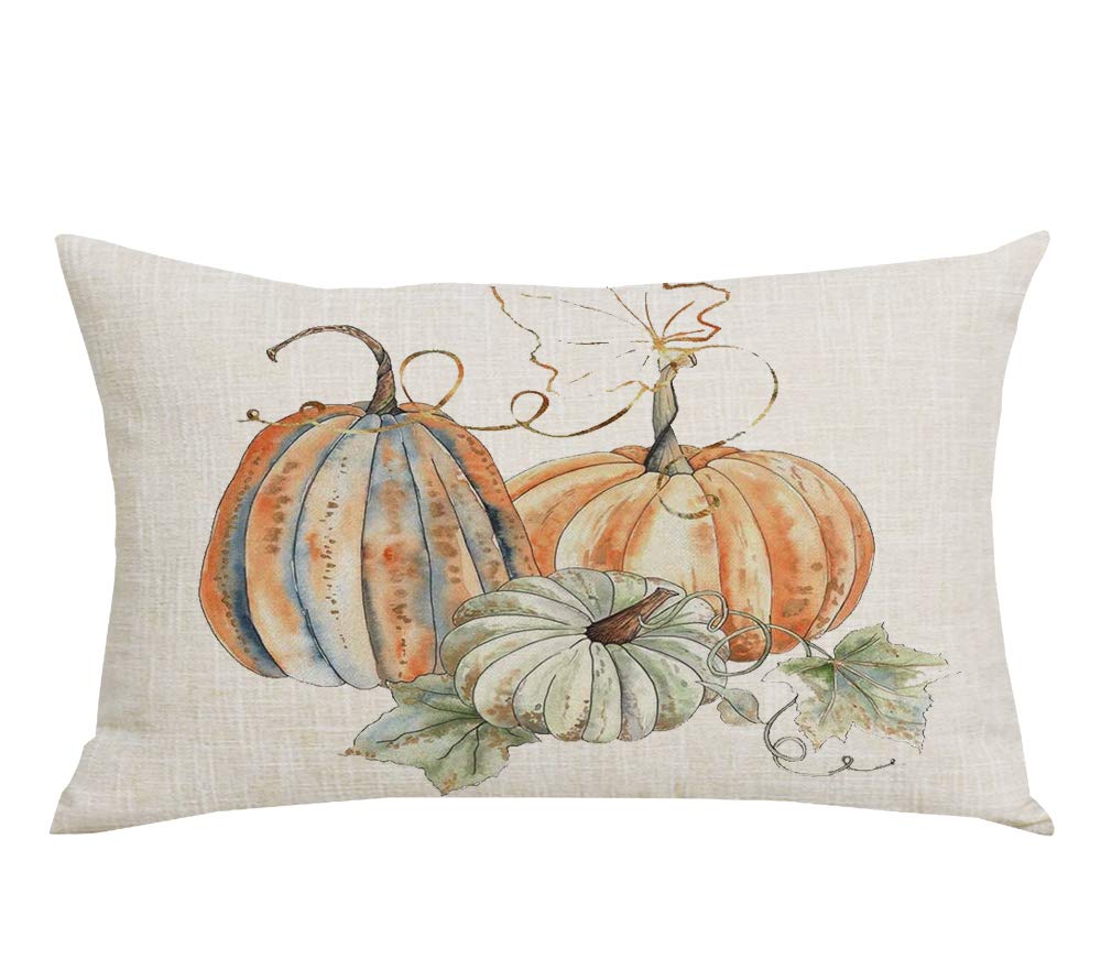 Wenianru Ink Painting Watercolor Yellow Green Pumpkins Leaves Fall Y'All Home Sofa Chair Bed Decoration Lumbar Pillowcase Cotton