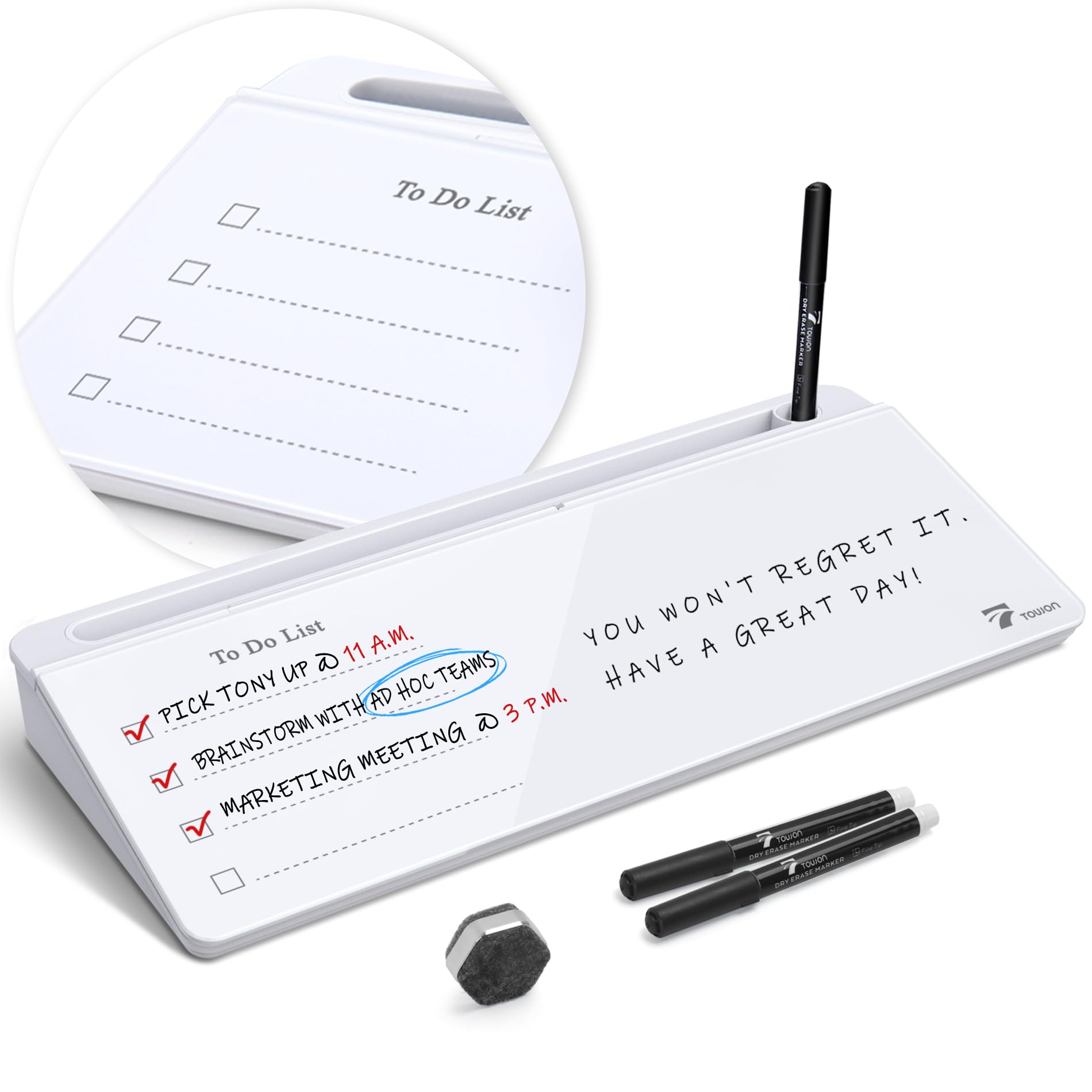 Towon Desktop Whiteboard With Todo List Templates, Daily Agenda Glass White Board For Desk, Desk Reminder Memo Notepad To-Do Lis