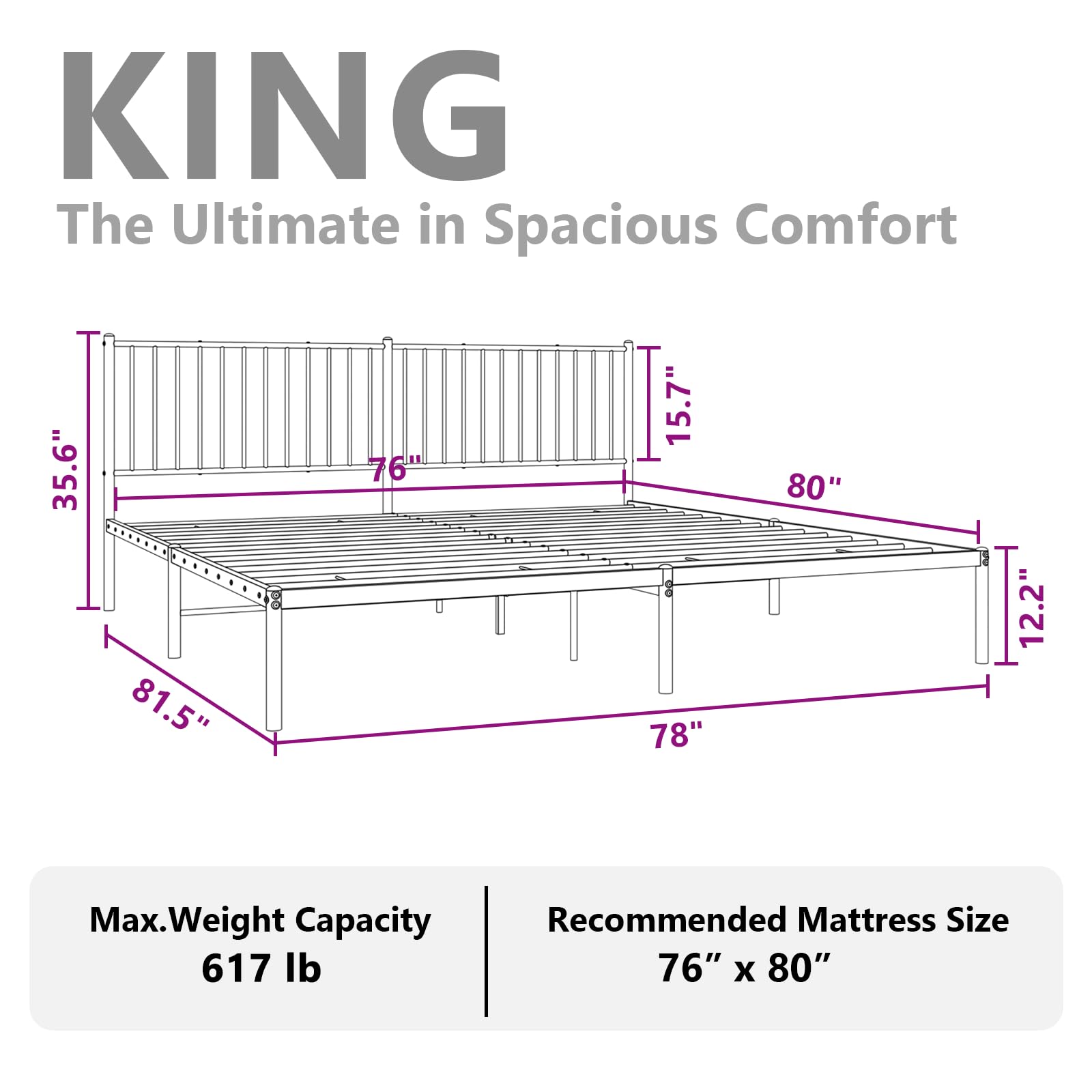 vidaXL 12-Inch White Metal King Bed Frame with Headboard, Heavy-Duty Construction with Under-Bed Storage for Modern Bedroom, No Box Spring Needed & Easy Assembly, No Mattress
