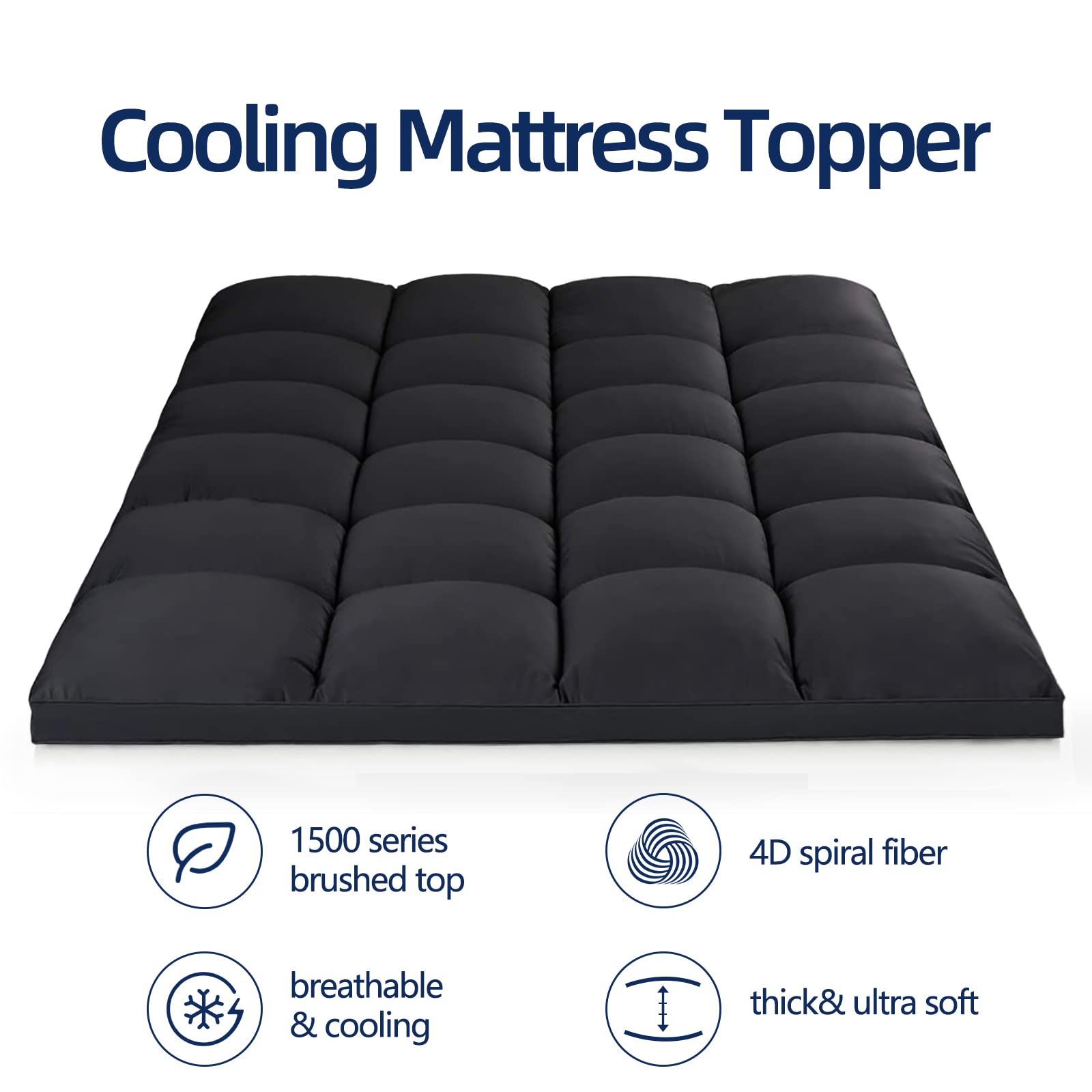 Mattress Topper Full For Back Pain, Extra Thick Mattress Pad Cover, Plush Pillow Top, Deep Elastic Pocket, Black