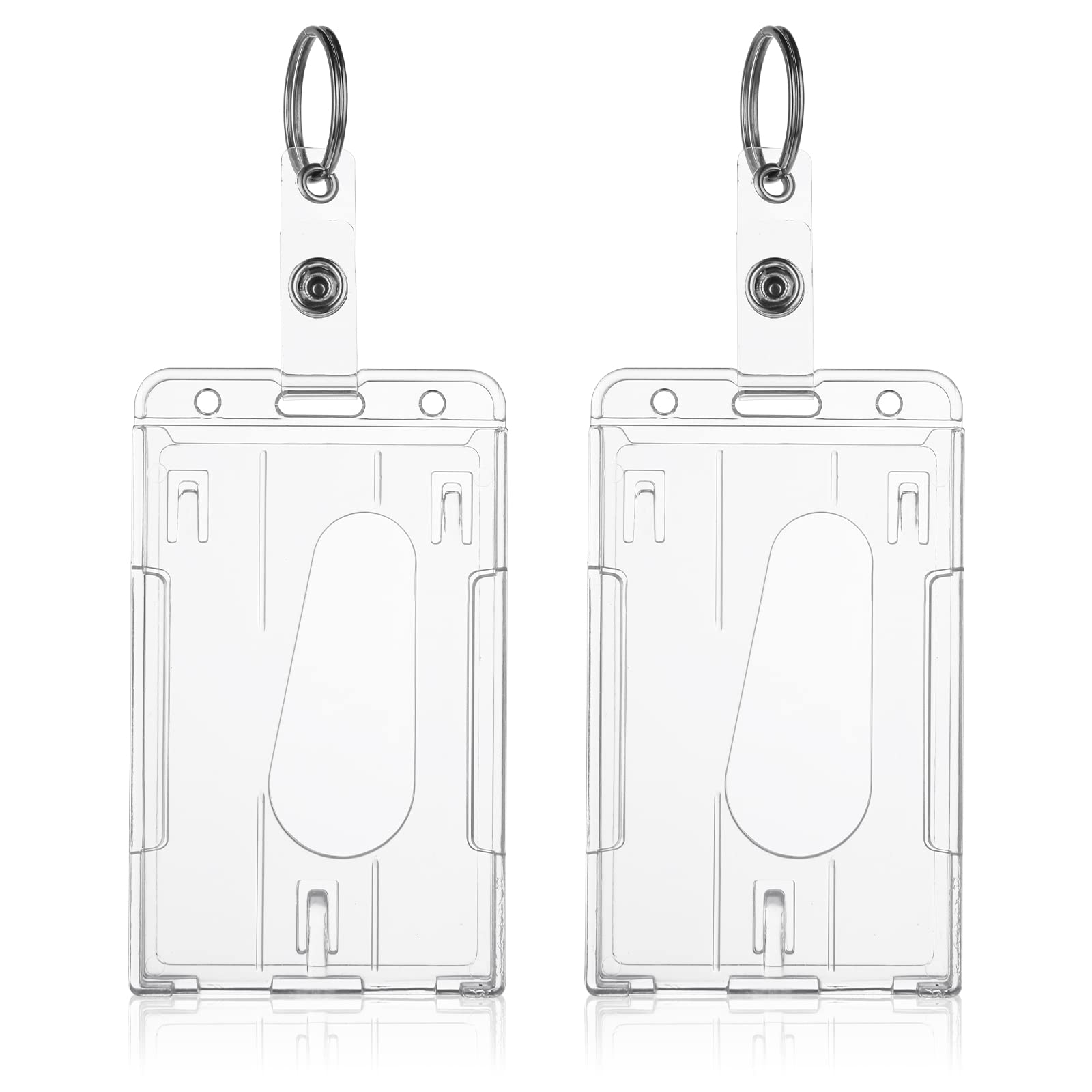 Tiesome Id Card Badge Holder With Keyring, 2 Pack Heavy Duty Badge Holders Keychain Hard Plastic Clear Card Protector Thumb Slot