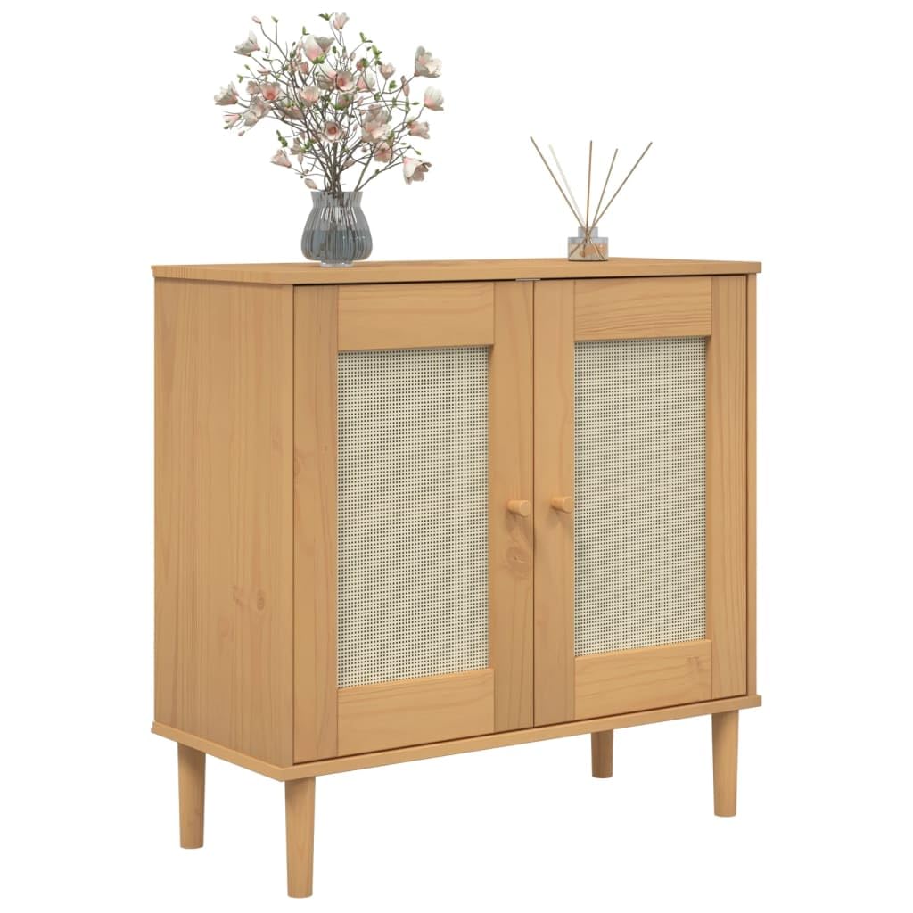 vidaXL Sideboard SENJA with Rattan Look, Solid Pine Wood with UV Varnish, Two-Tone Midcentury Modern and Boho Design, Brown, Ample Storage Space 31.5"x13.8"x31.5"