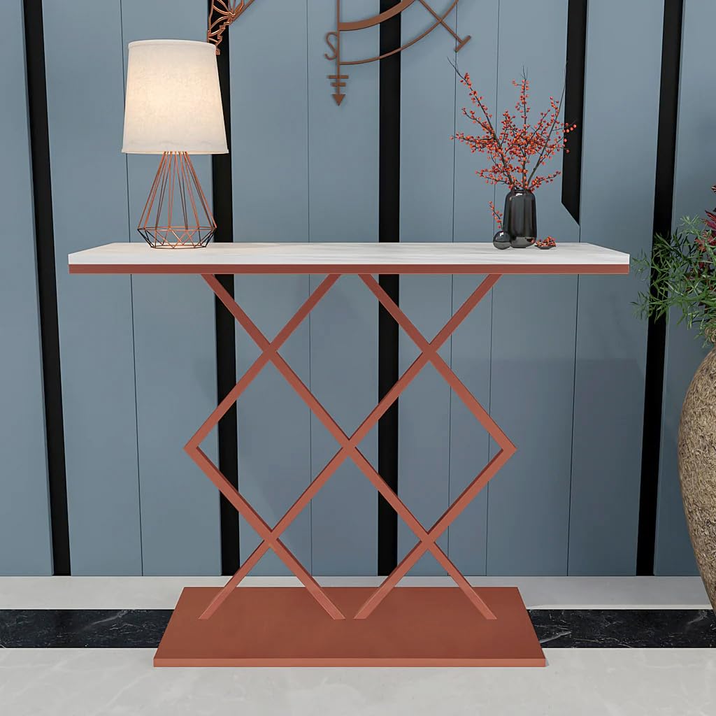 The Attic Avril Console Table For Living Room, Marble + Iron, White + Copper Matt Finish