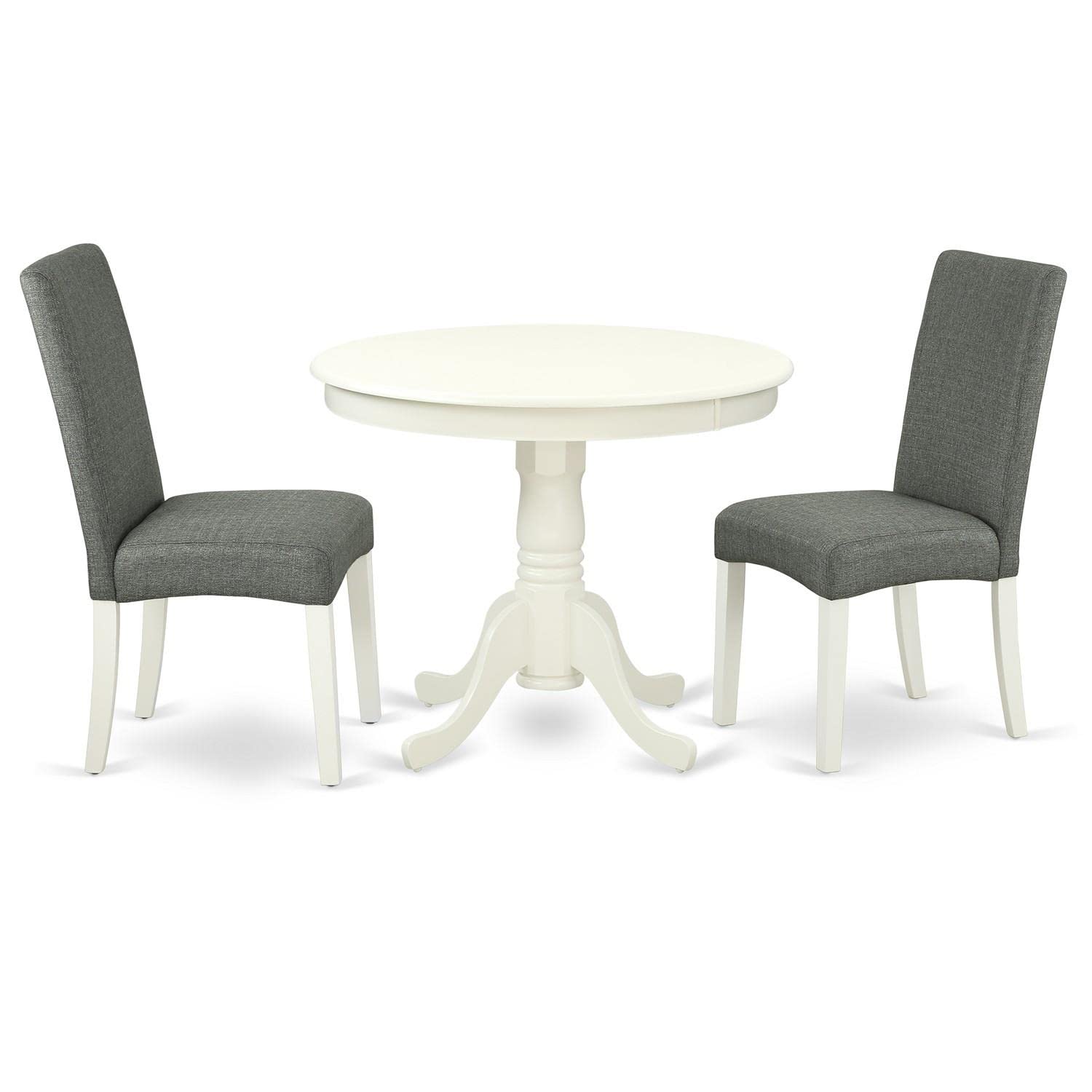 East West Furniture Andr3-Lwh-07 Antique 3 Piece Modern Set Contains A Round Kitchen Table With Pedestal And 2 Gray Fabric Parsons Dining Chairs, 36X36 Inch, Linen White