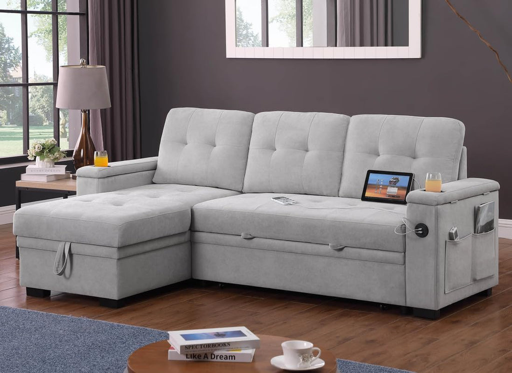 Lilola Home Ashlyn II 84" W Gray Woven Fabric Reversible Sleeper Sectional Sofa with Storage Chaise, Storage Arm, Cup Holder, Charging Ports, Side Pockets, and Pocket Coil Seating