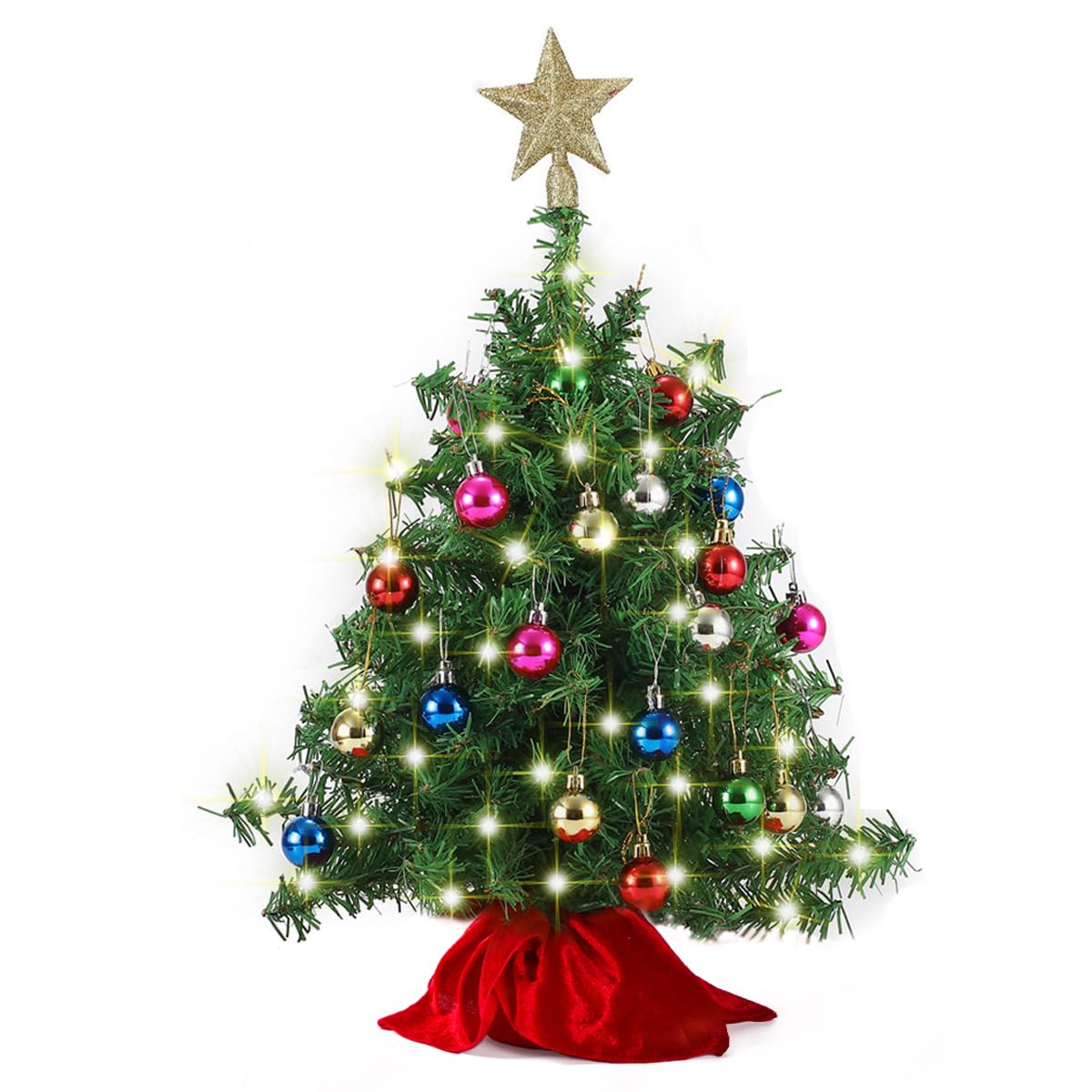Joiedomi 24/2FT Mini Christmas Tree Tabletop Set with Clear LED Lights, Artificial Mini Christmas Tree with Star Treetop and Orn