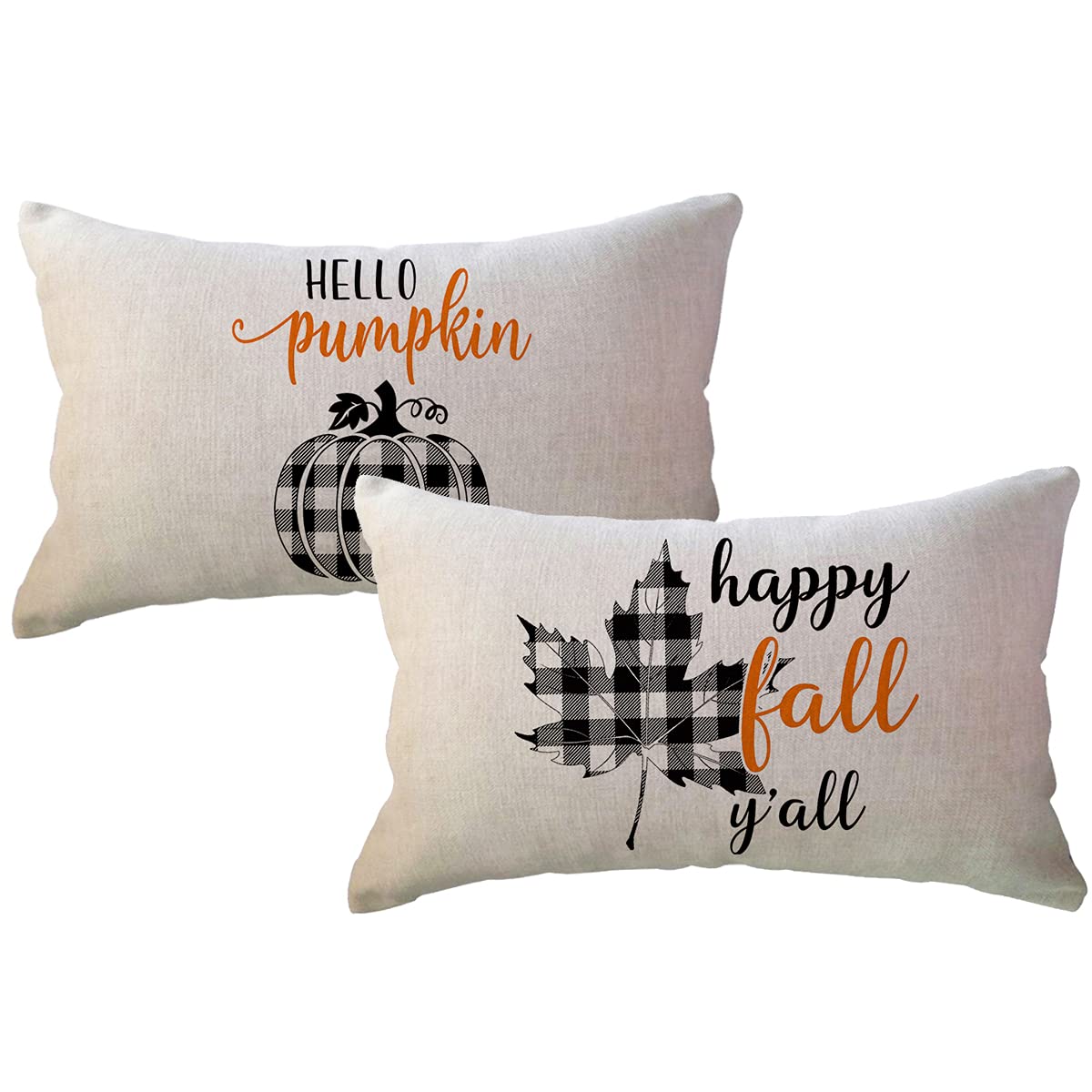 Autumn Fall Pillow Covers 12X20 Set Of 2 Black Buffalo Plaid Check Pumpkin Maple Leaves Farmhouse Decorative Rectangular/Lumbar